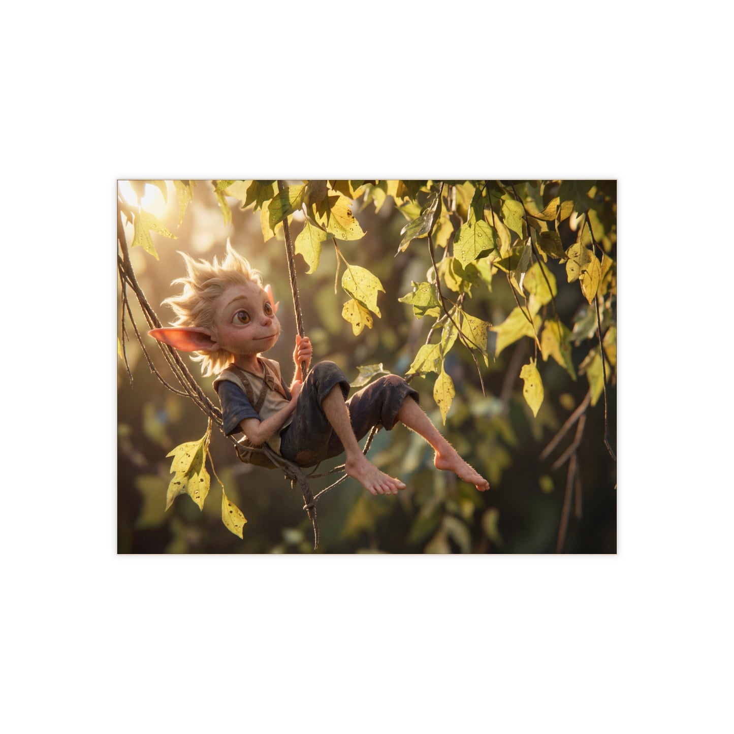 Forest Gnome Swing Ceramic Photo Tile – Golden Hour Whimsy