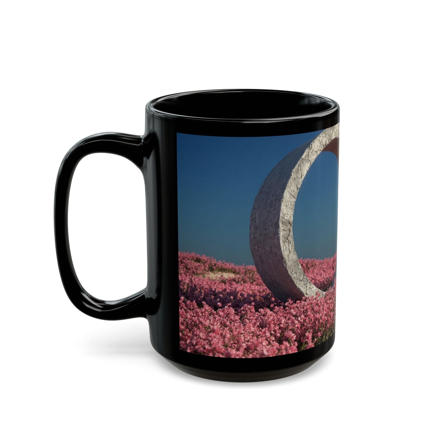 Stone Portal in Pink Bloom Field Mug – Serene Gateway to Dreamscapes