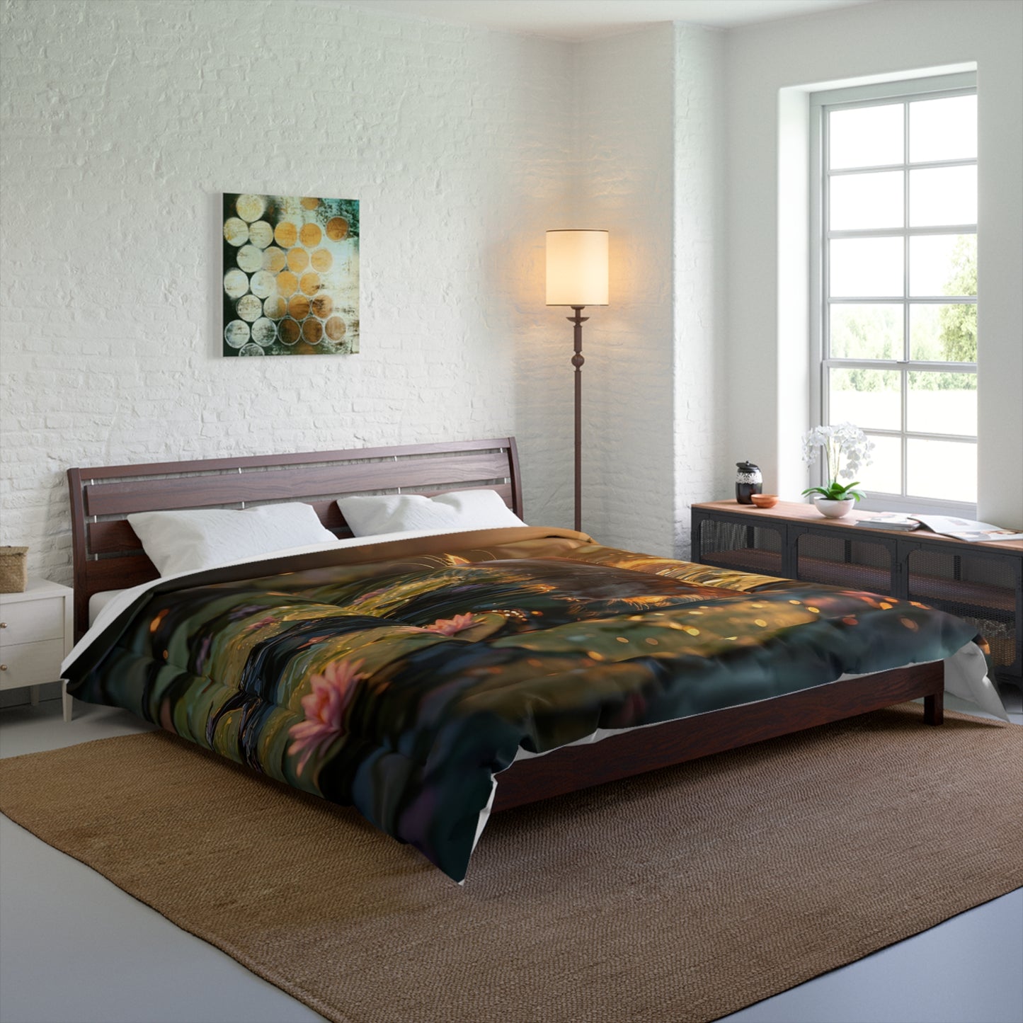 Sunlit Lotus Cat Comforter – Golden Hour Serenity Scene