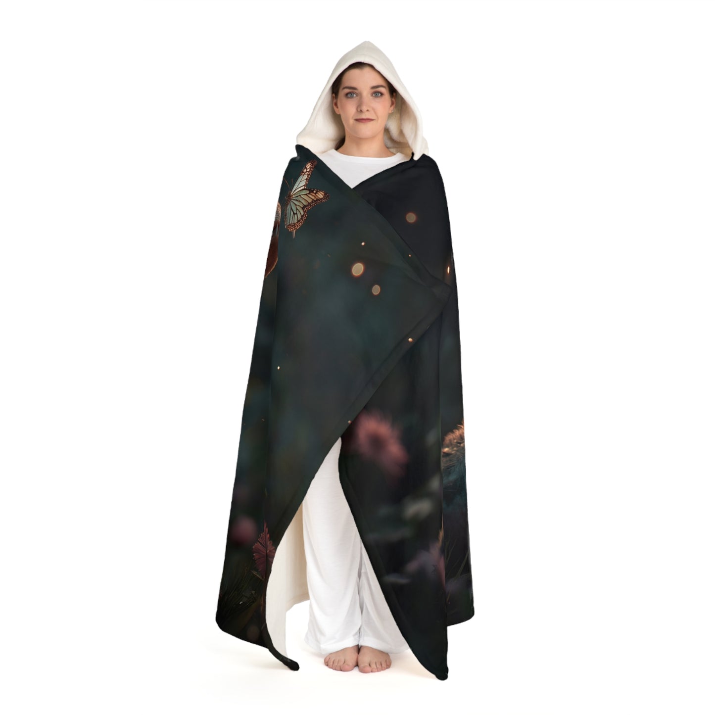 Tiny Crocodile Sentinel Hooded Sherpa Fleece Blanket – Tender Guardian with Butterfly Bloom