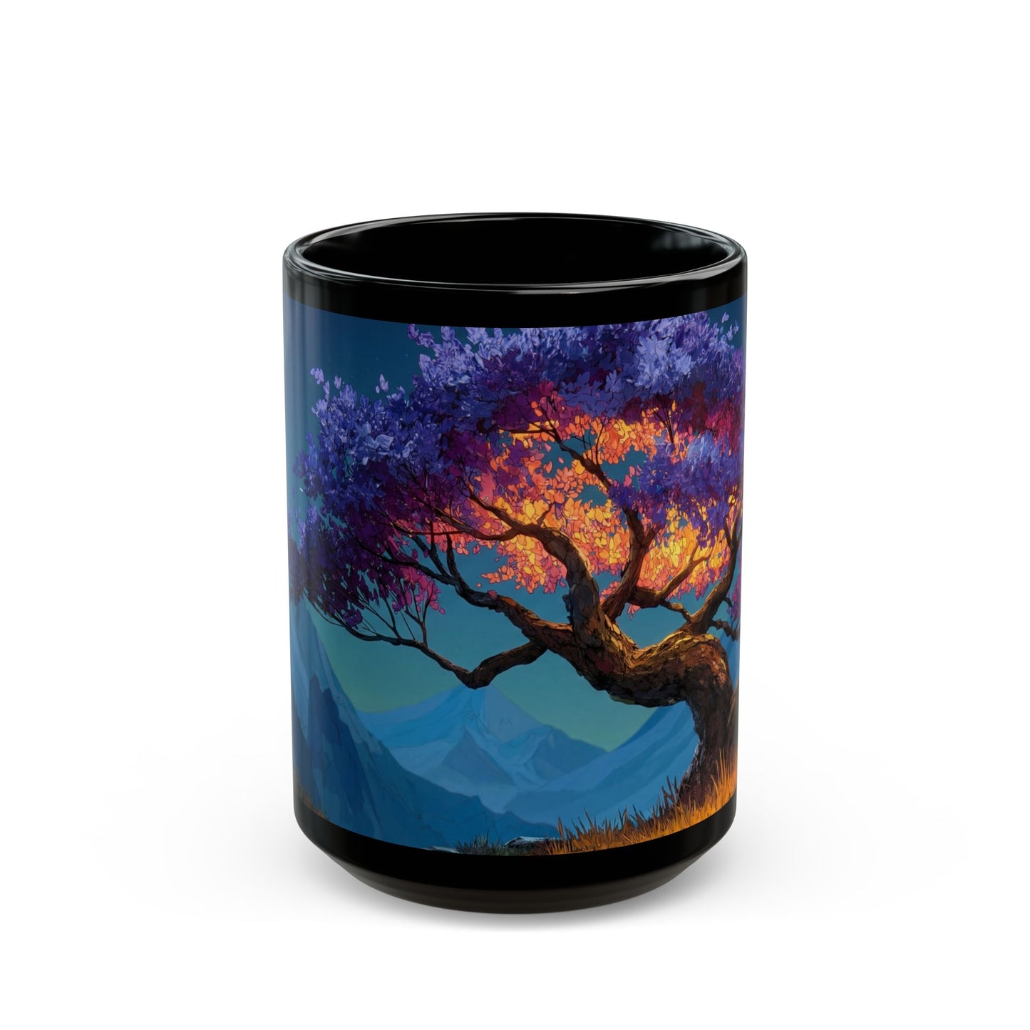 Starlit Twilight Tree Black Mug – Celestial Bloom Dreamscape