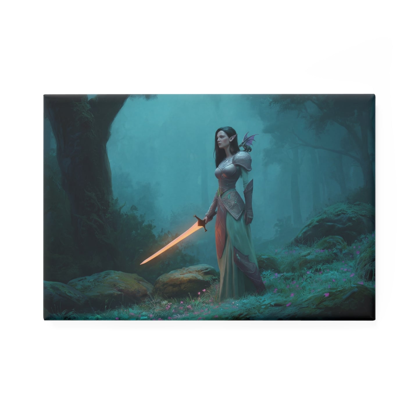 Elven Sentinel Button Magnet, Rectangle (1 & 10 pcs) – Mist-Winged Guardian with Glowing Blade