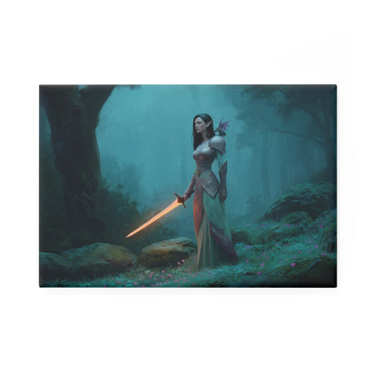 Elven Sentinel Button Magnet, Rectangle (1 & 10 pcs) – Mist-Winged Guardian with Glowing Blade