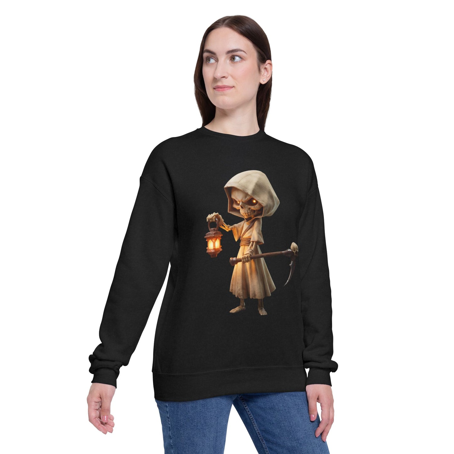 Lantern-Bearing Sentinel Unisex Drop Shoulder Sweatshirt – Hooded Grim Reap Guardian