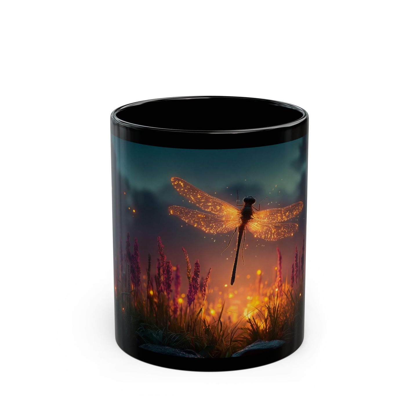 Glowing Dragonfly Black Mug – Twilight Meadow Dreamscape