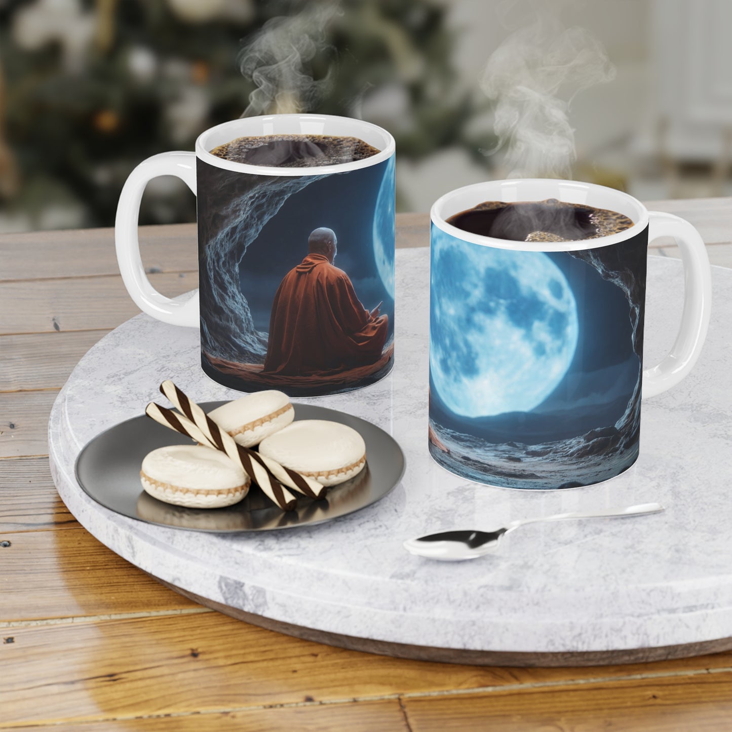 Moonlit Monk Ceramic Mugs (11oz\15oz\20oz) – Silent Reflection Beneath the Celestial Disc