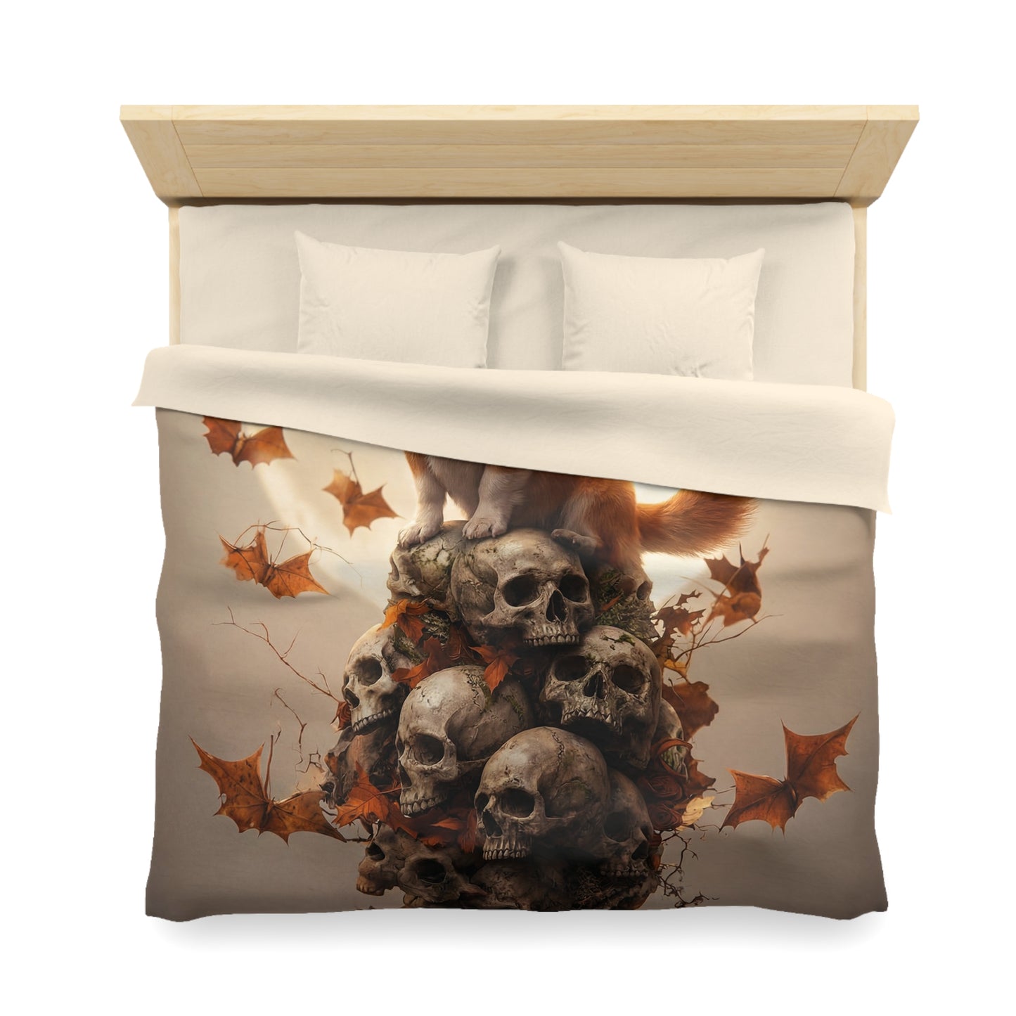 Bat-Winged Corgi Duvet Cover – Moonlit Skull Throne Dreamscape