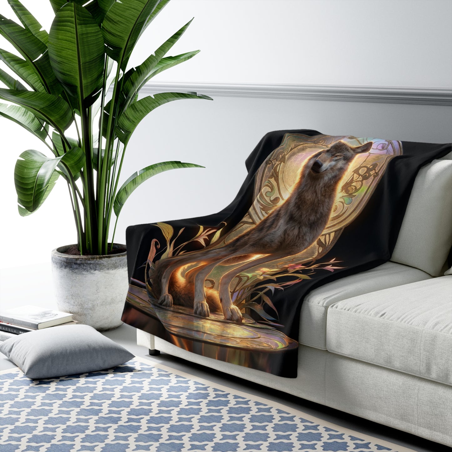 Regal Wolf Throne Sherpa Fleece Blanket – Golden Light & Art Nouveau Grace