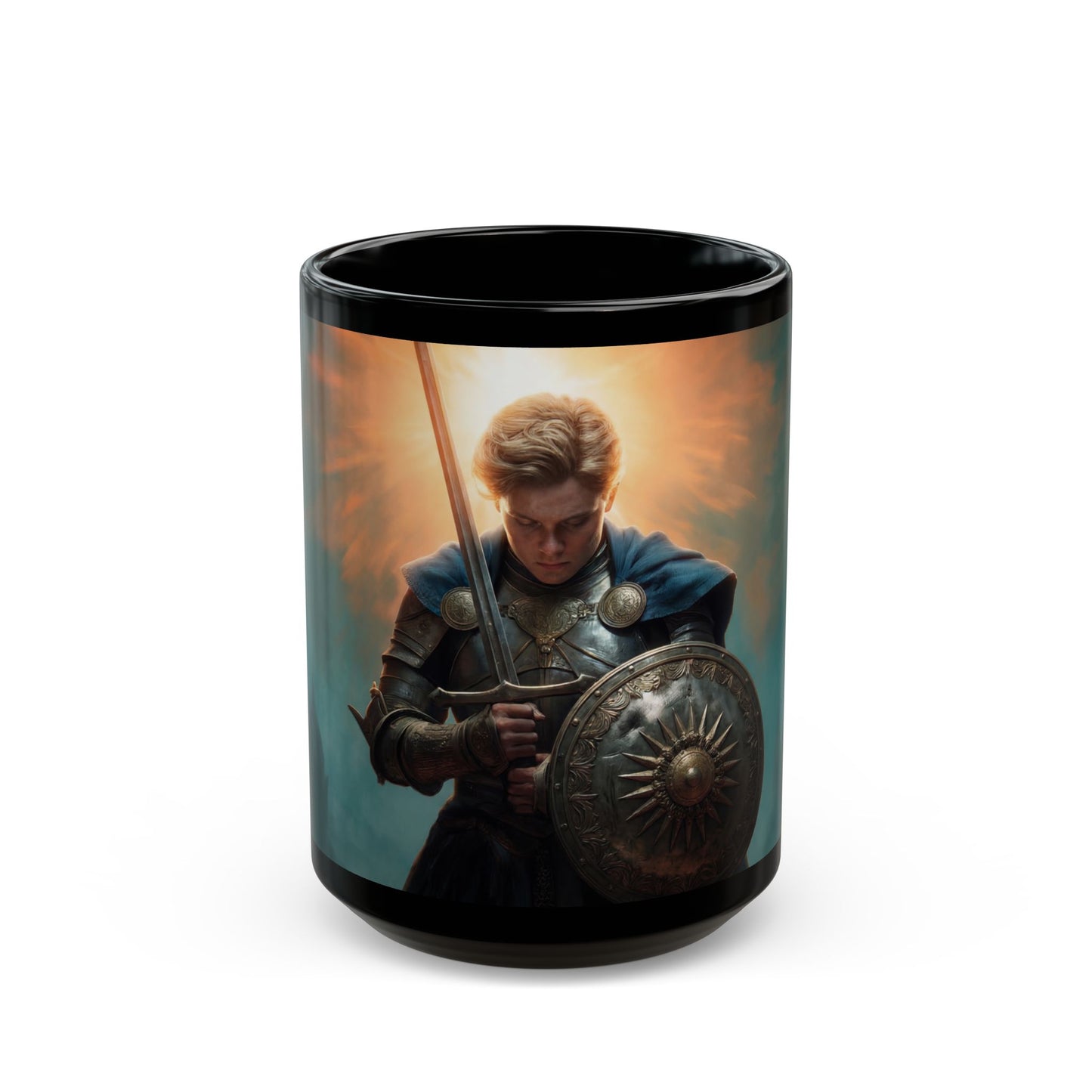 Dawn-Kissed Knight Black Mug – Armor of Resolve Coffee Cup