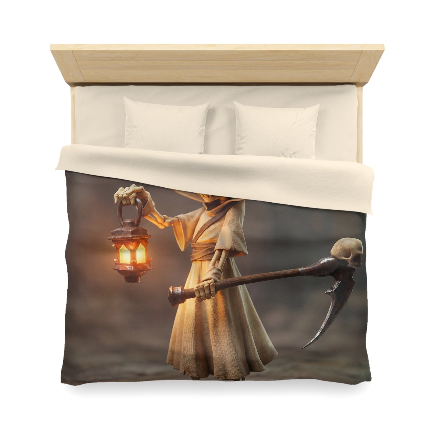Lantern-Bearing Reaper Microfiber Duvet Cover – Warm Light Through the Veil