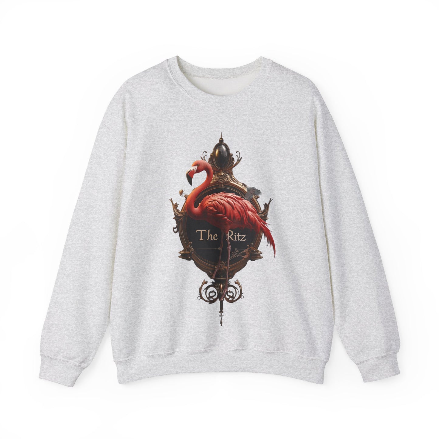 The Ritz Flamingo Unisex Heavy Blend™ Crewneck Sweatshirt – Ornate Gold Frame with Crimson Bird and Whimsical Sentinel