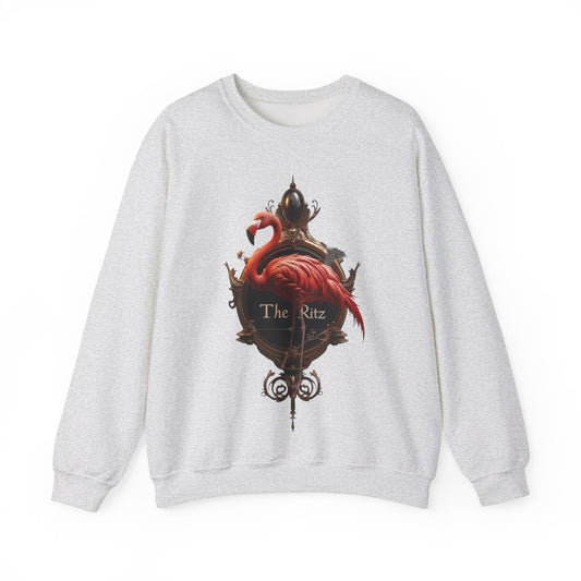 The Ritz Flamingo Unisex Heavy Blend™ Crewneck Sweatshirt – Ornate Gold Frame with Crimson Bird and Whimsical Sentinel