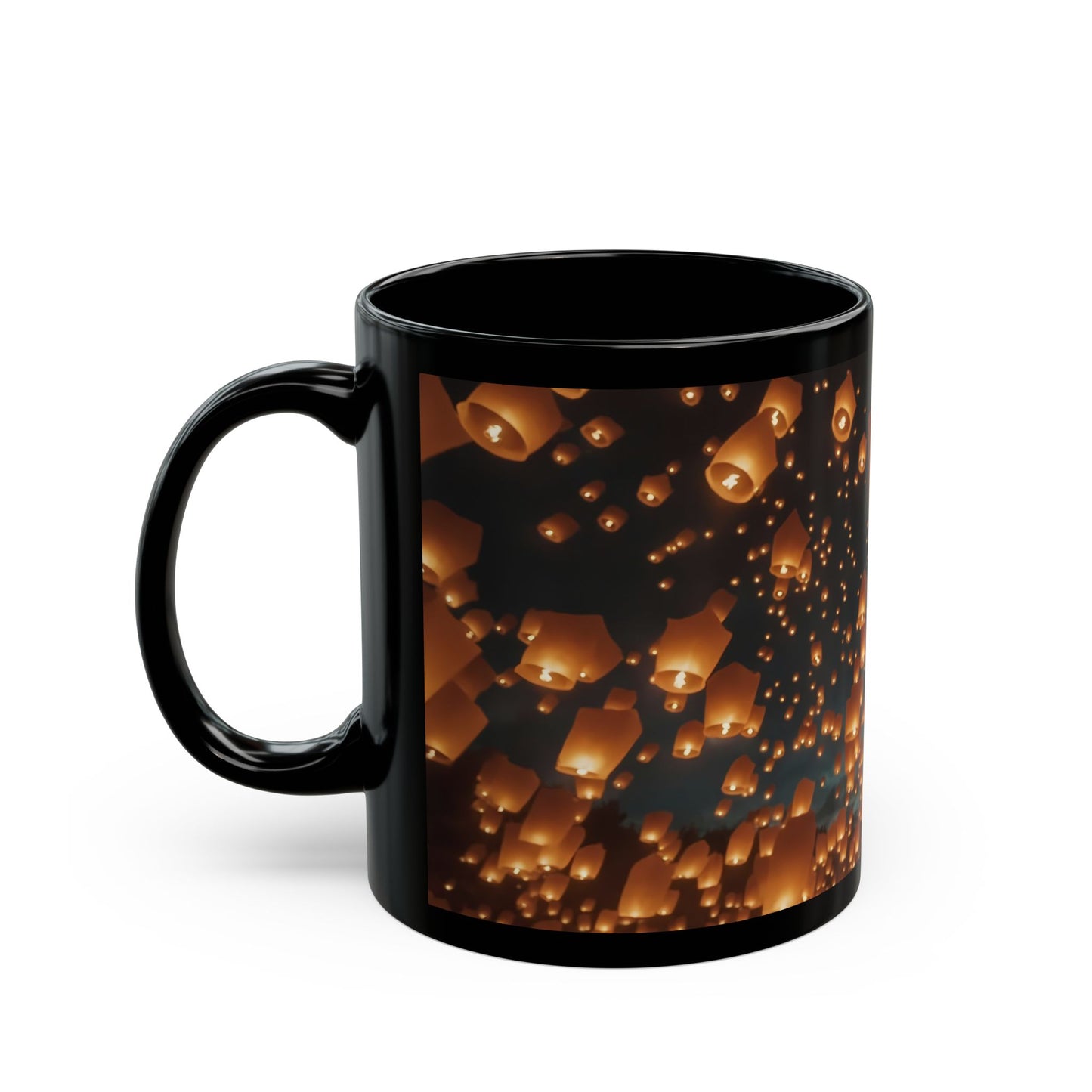 Skyborne Lanterns Black Mug – Warm Glow of Shared Wishes