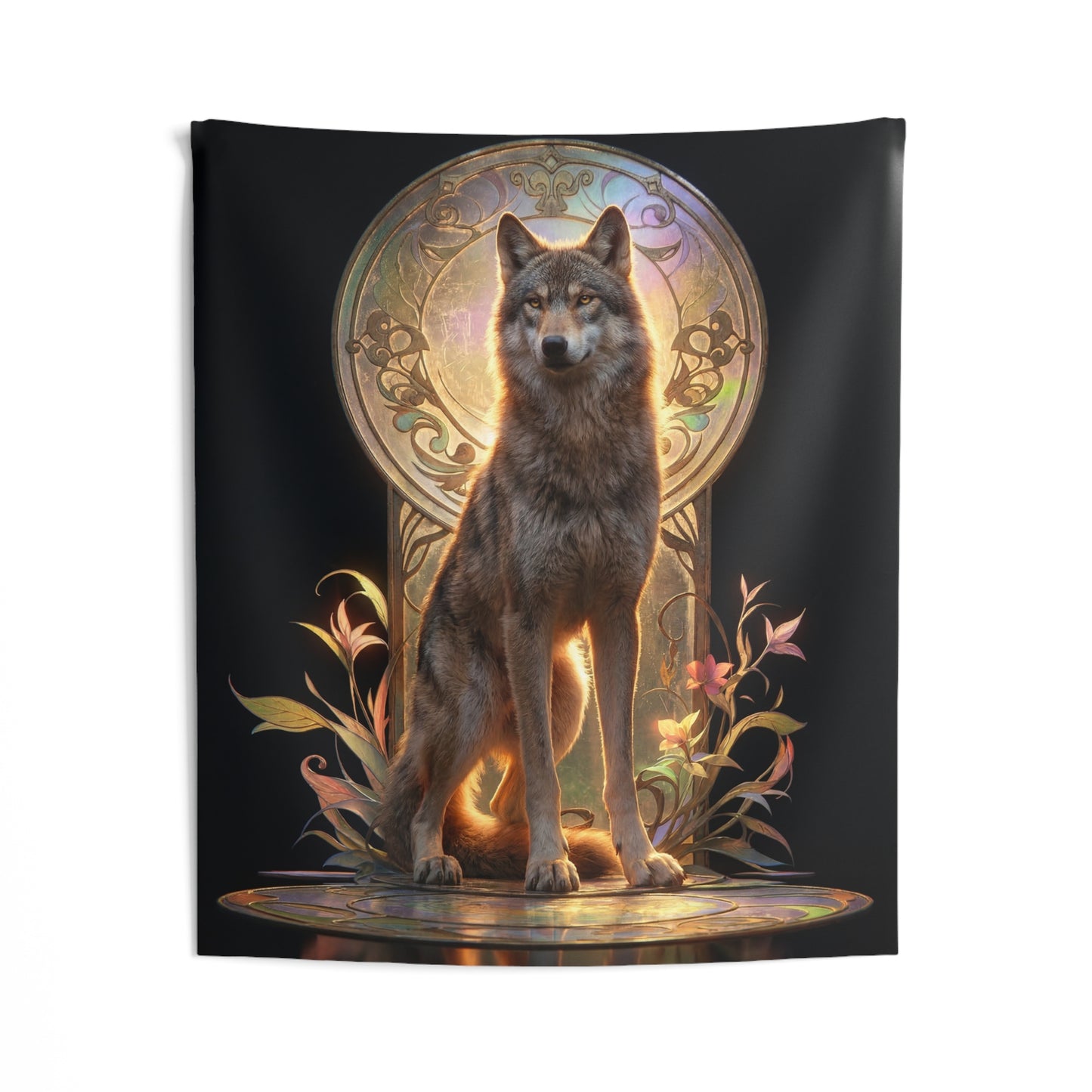Regal Wolf Throne Tapestry – Golden Light Through Art Nouveau Arch