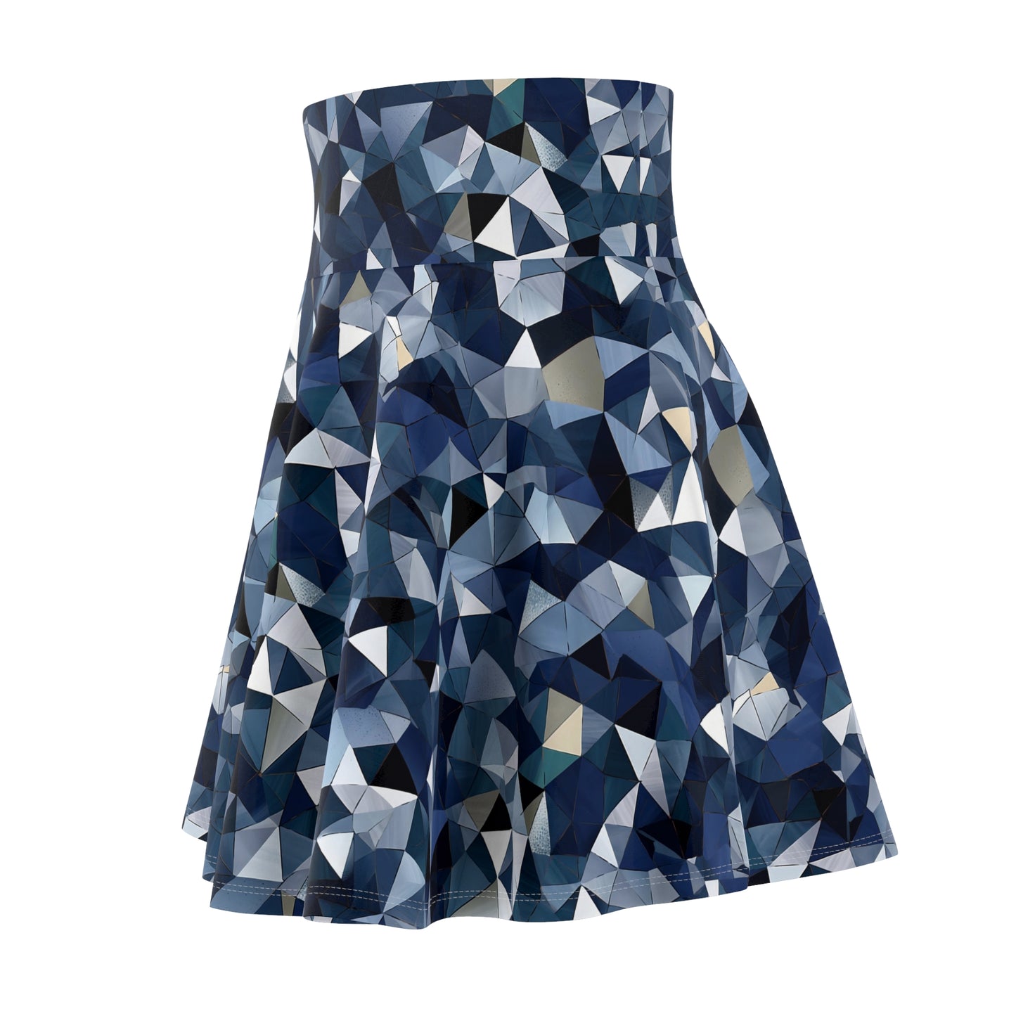 "A geometric pattern inspired by the facets of a telescope lens, using a color scheme of deep navy, cool gray, and shimmering, iridescent accents." - Women's Skater Skirt