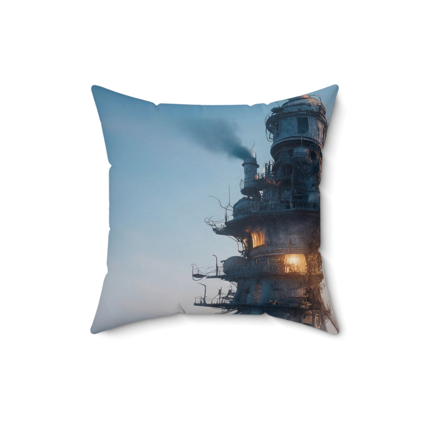 Skyward Spire Spun Polyester Square Pillow – Steam-Powered Sentinel in Dawn Light