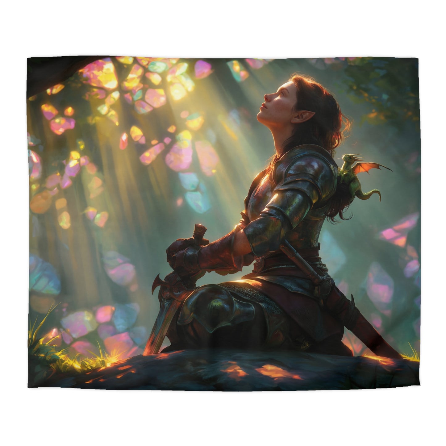 Crystal Grove Guardian Duvet Cover – Elf Knight and Dragon Companion