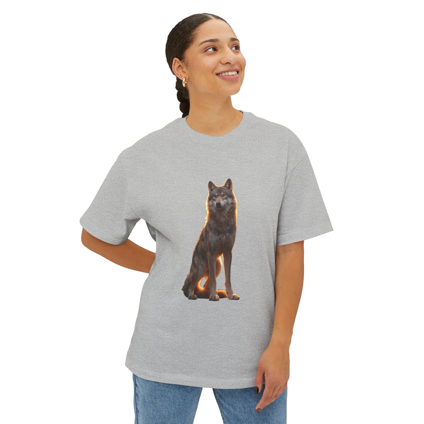 Golden-Gaze Wolf Unisex Oversized Boxy Tee – Twilight Sentinel Graphic