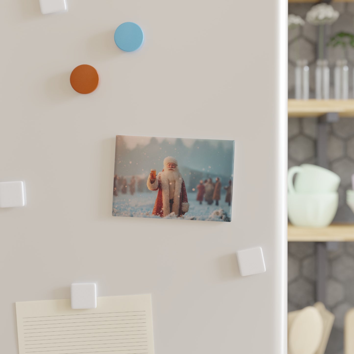 Santa with Beer Button Magnet, Rectangle (1 & 10 pcs) – Frost-Kissed Toast in a Winter Field