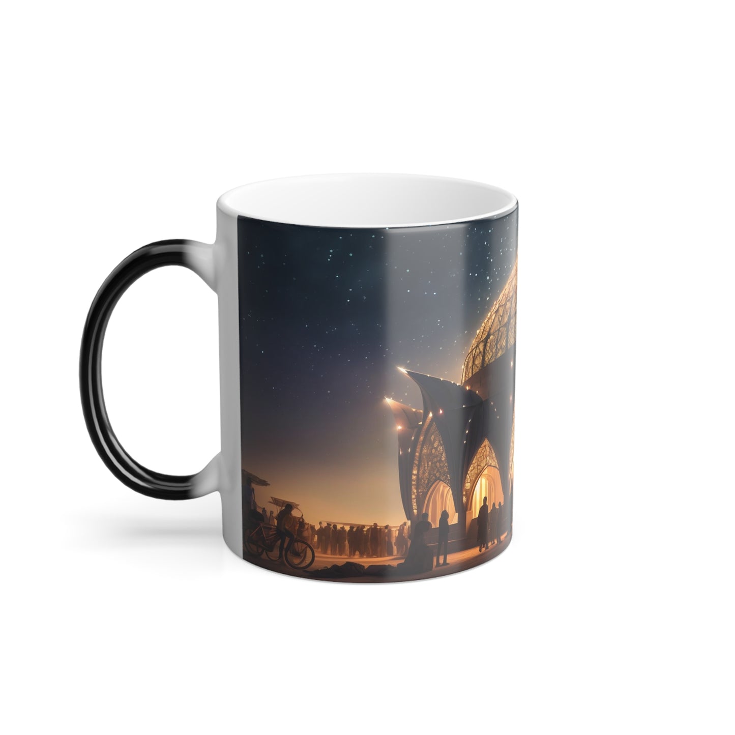 A celestial observatory materializing in the heart of the Burning Man festival, its intricate architecture inspiring awe and wonder. - Color Morphing Mug, 11oz