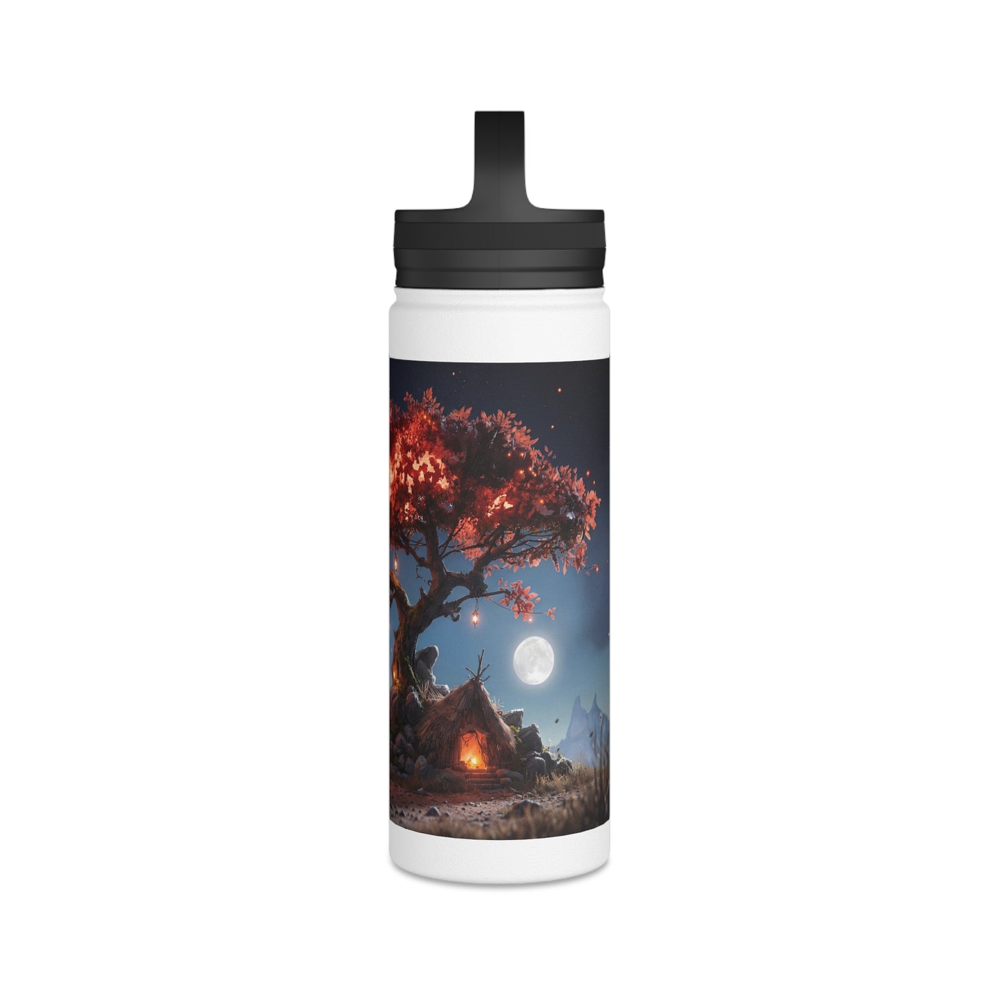 Whispering Flame Tree Stainless Steel Water Bottle, Handle Lid – Moonlit Campfire Sanctuary