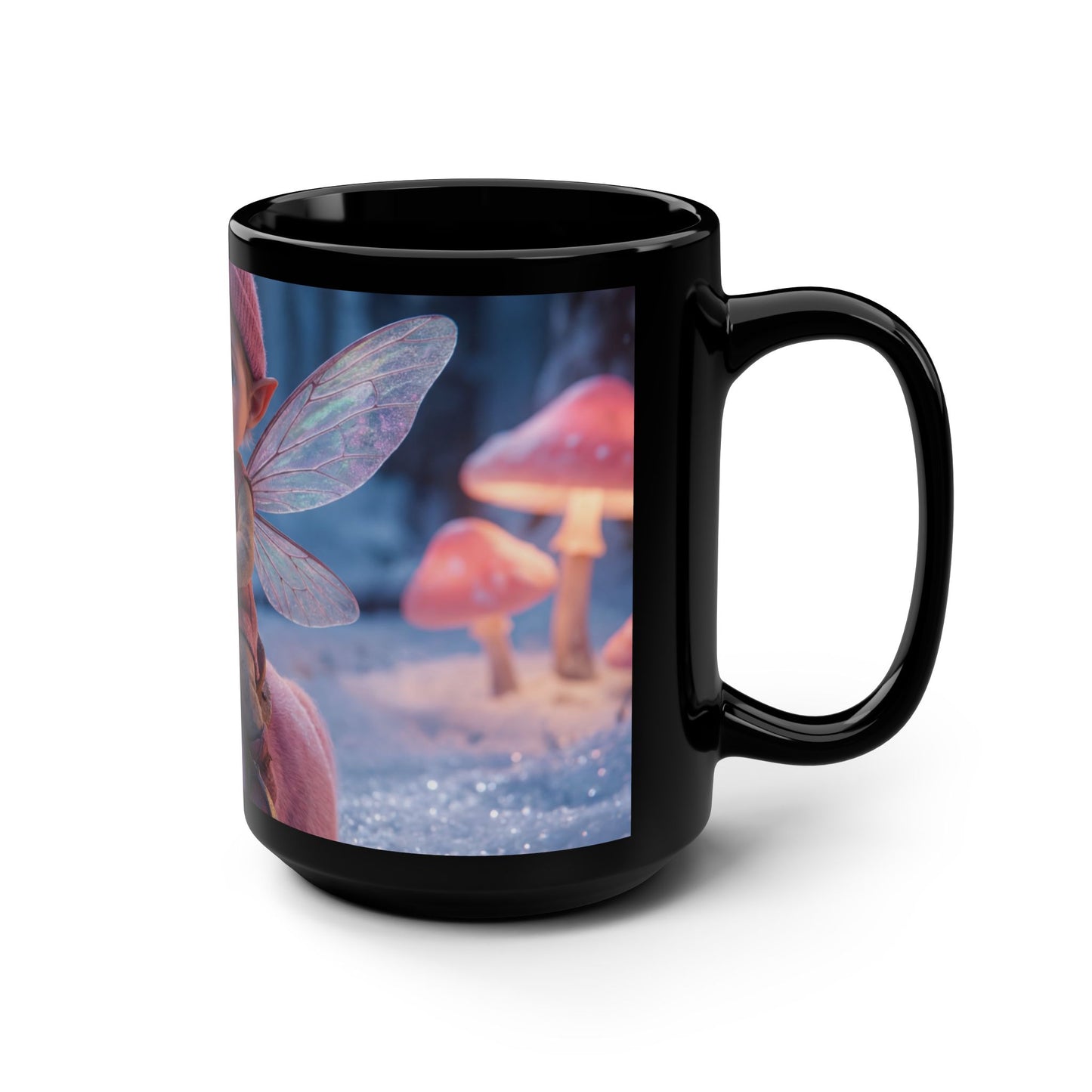 Pink Unicorn & Fairy Child Black Mug, 15oz – Winter Enchanted Forest Companion