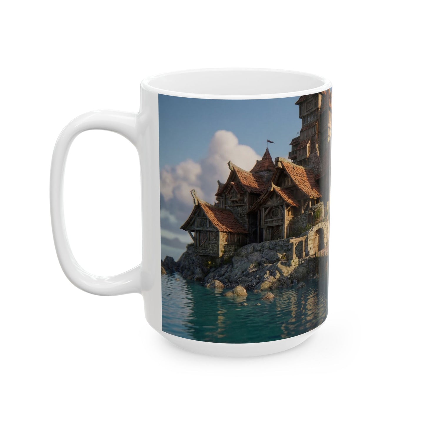 Coastal Viking Village Ceramic Mug – Sunset Harbor Whispers (11oz, 15oz)