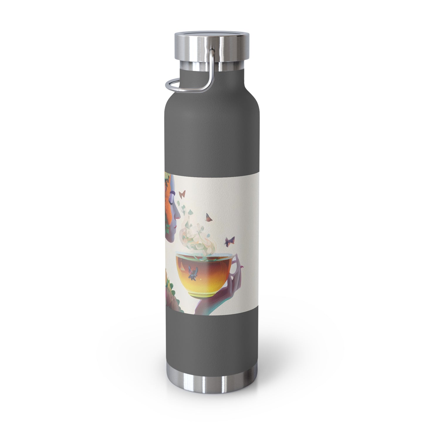 character design, double exposure shot, front profile of a beautiful tea faerie filled with a blooming amazonian jungle, happiness - Copper Vacuum Insulated Bottle, 22oz