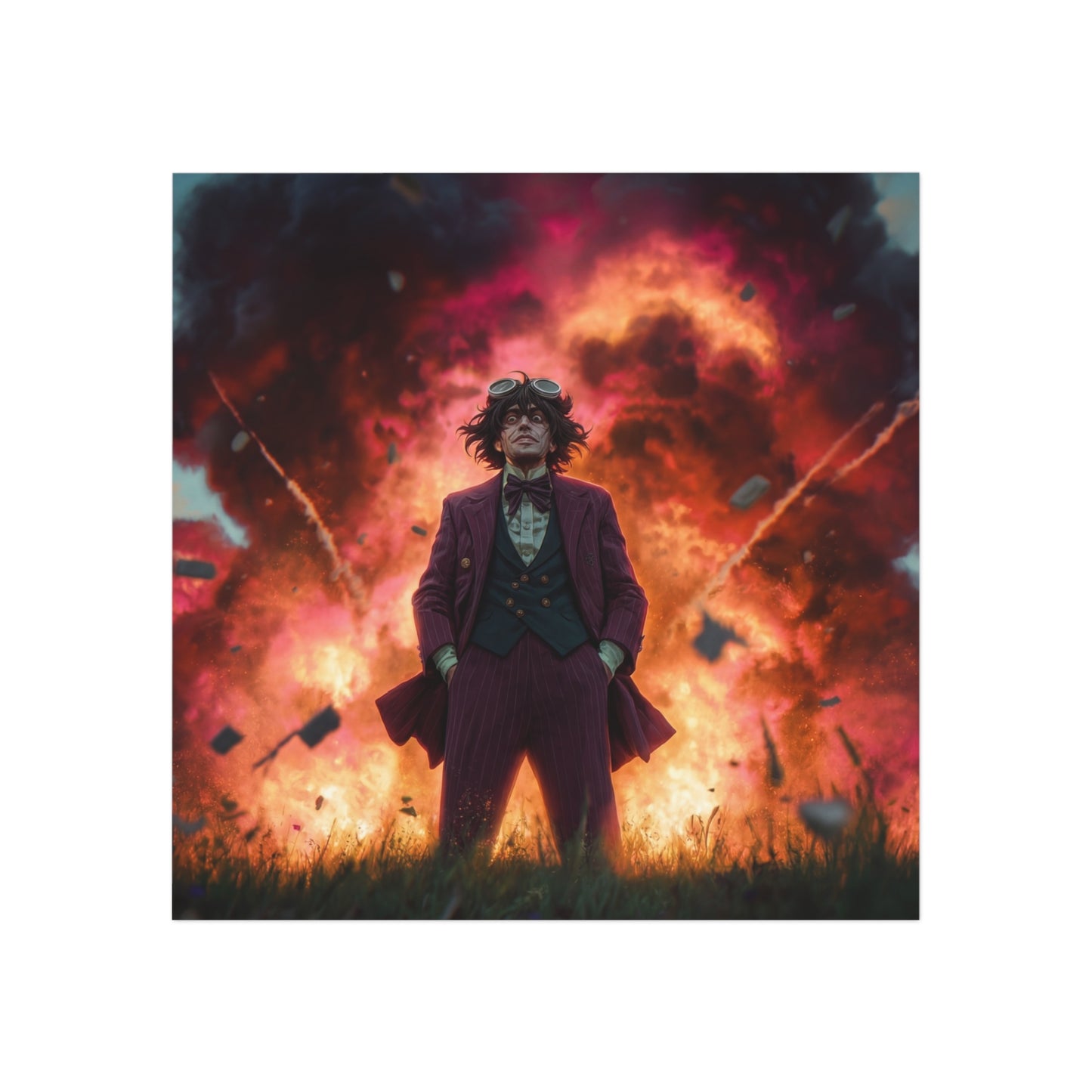 Mad Scientist Amidst Crimson Explosion Magnet – Unflinching Calm in Chaos