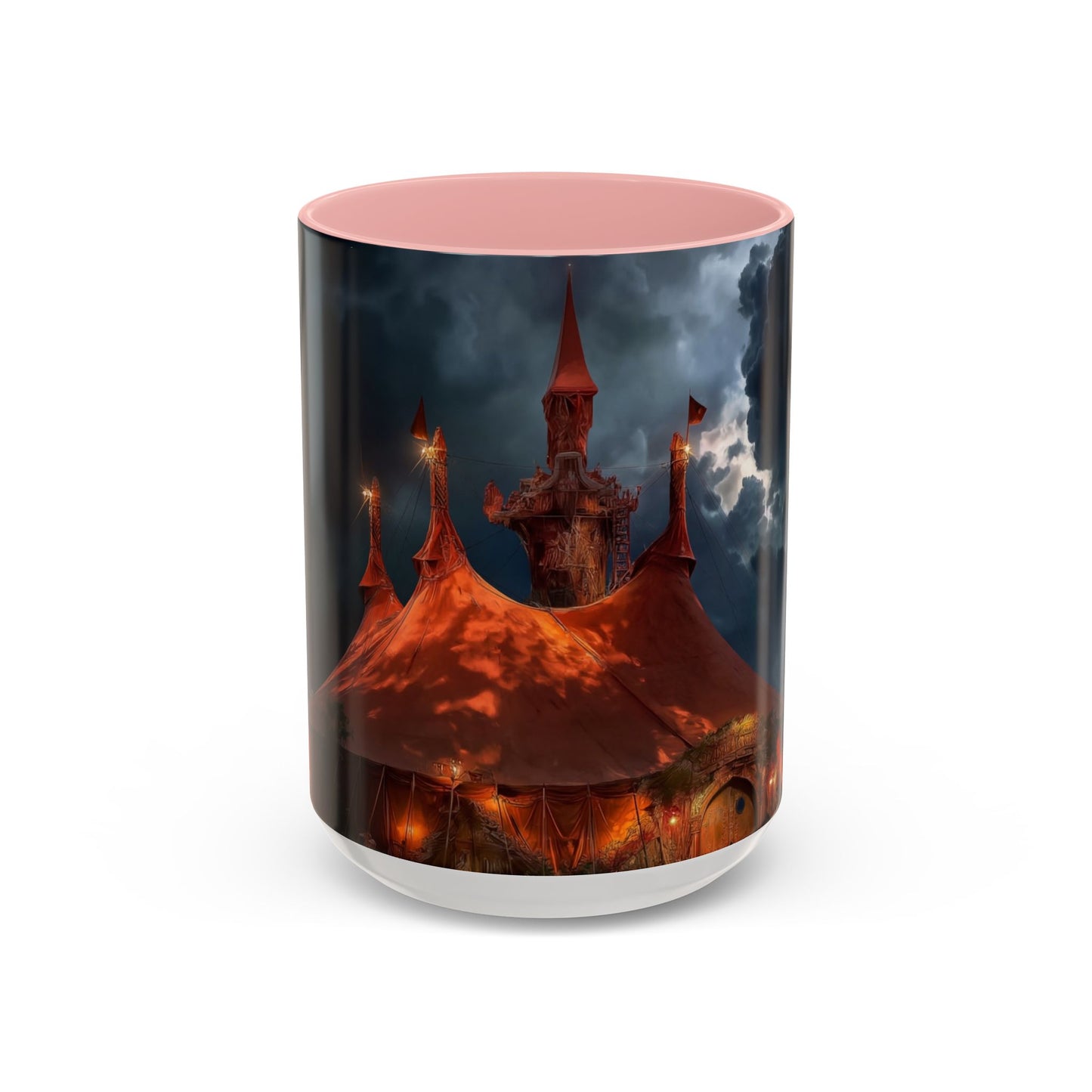 Crimson Circus Tent Accent Coffee Mug (11, 15oz) – Neon Nightscape Under Thunderclouds