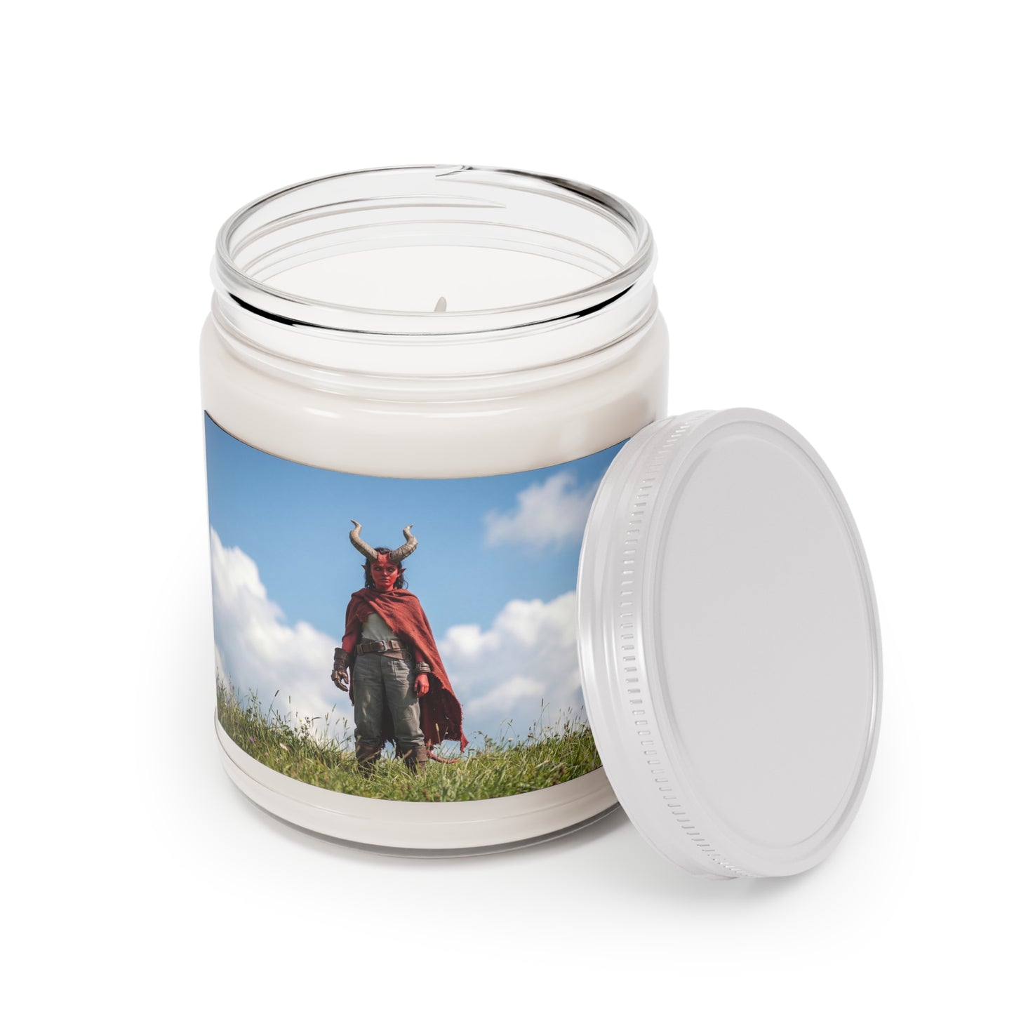 Red-Skinned Demon Warrior Scented Soy Candles with White Lid, 9oz – Standing Ground in Sunlit Grass