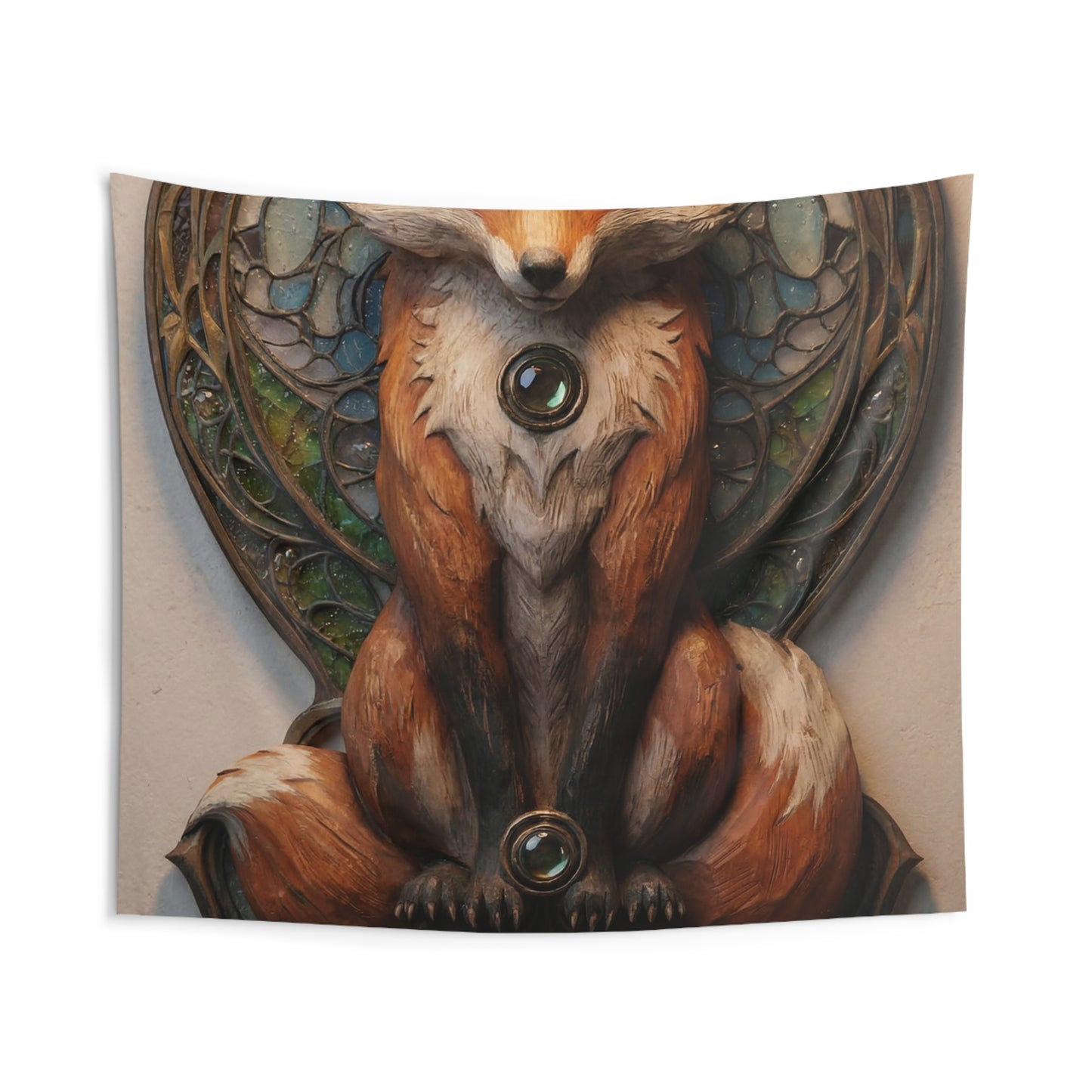 Fox Sentinel Wall Tapestry – Stained Glass Guardian in Warm Amber Light