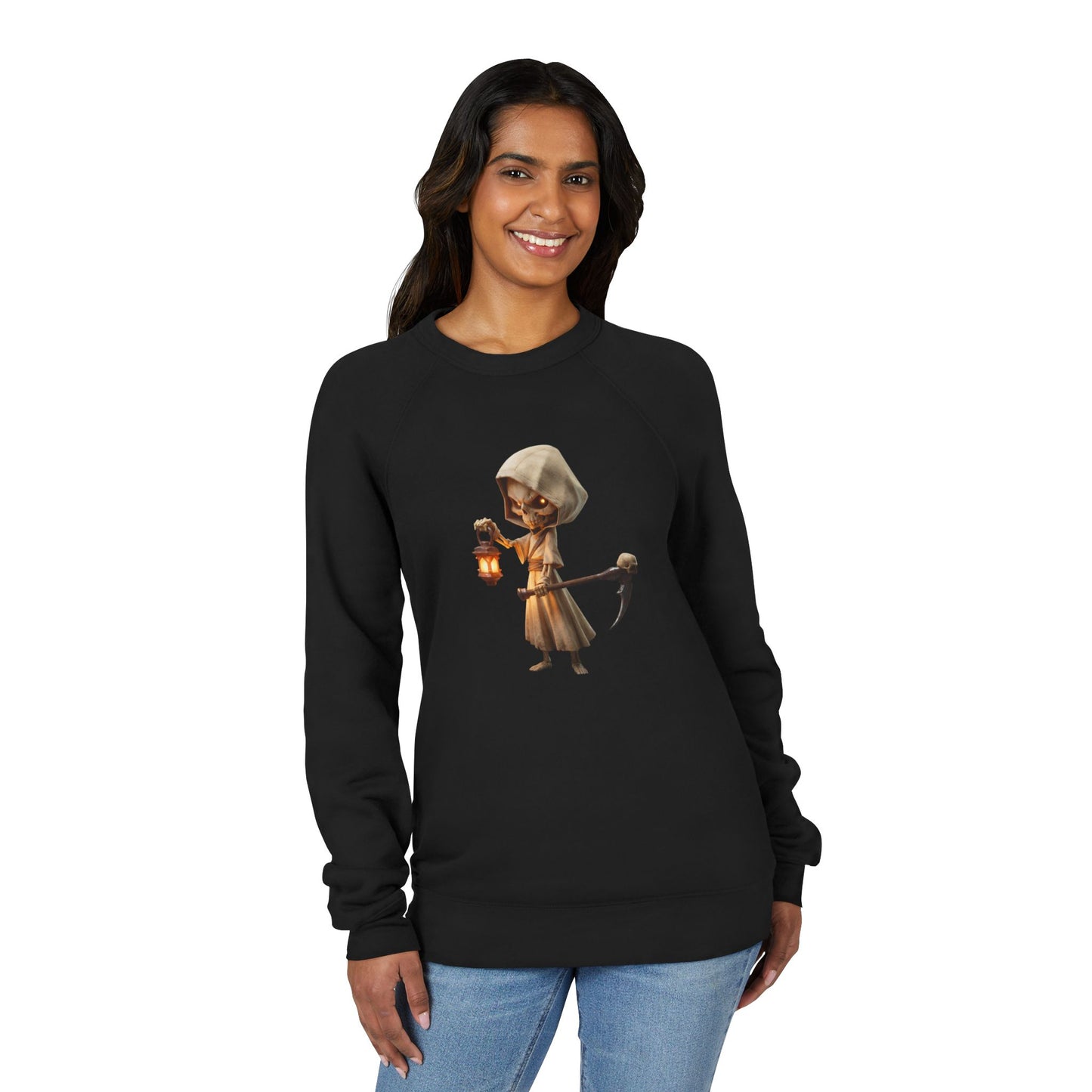Lantern-Bearing Skeleton Sentinel Sweatshirt – Hooded Reaper with Scythe and Warm Glow