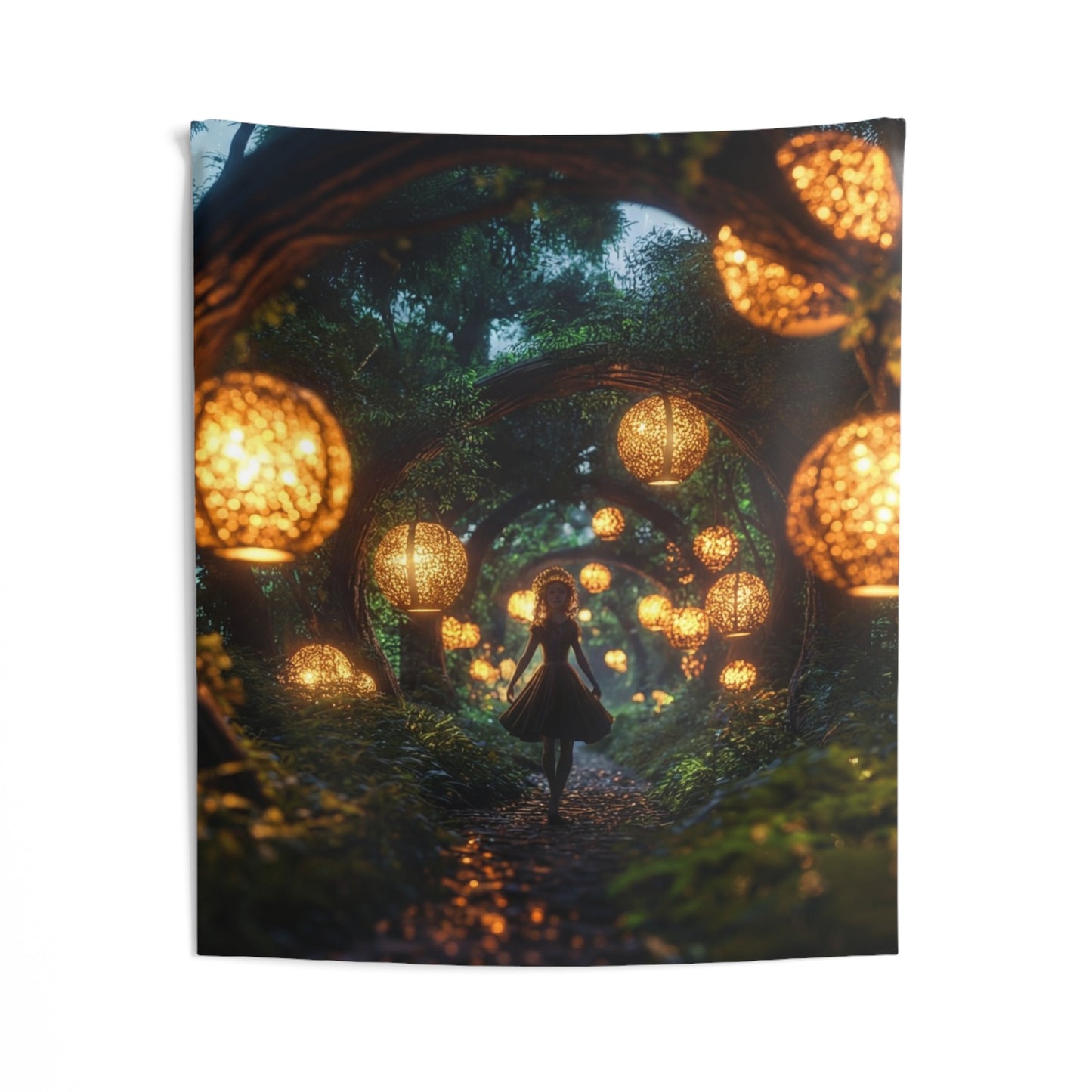 Girl Among Glowing Lanterns Indoor Wall Tapestries – Whispering Forest Pathway
