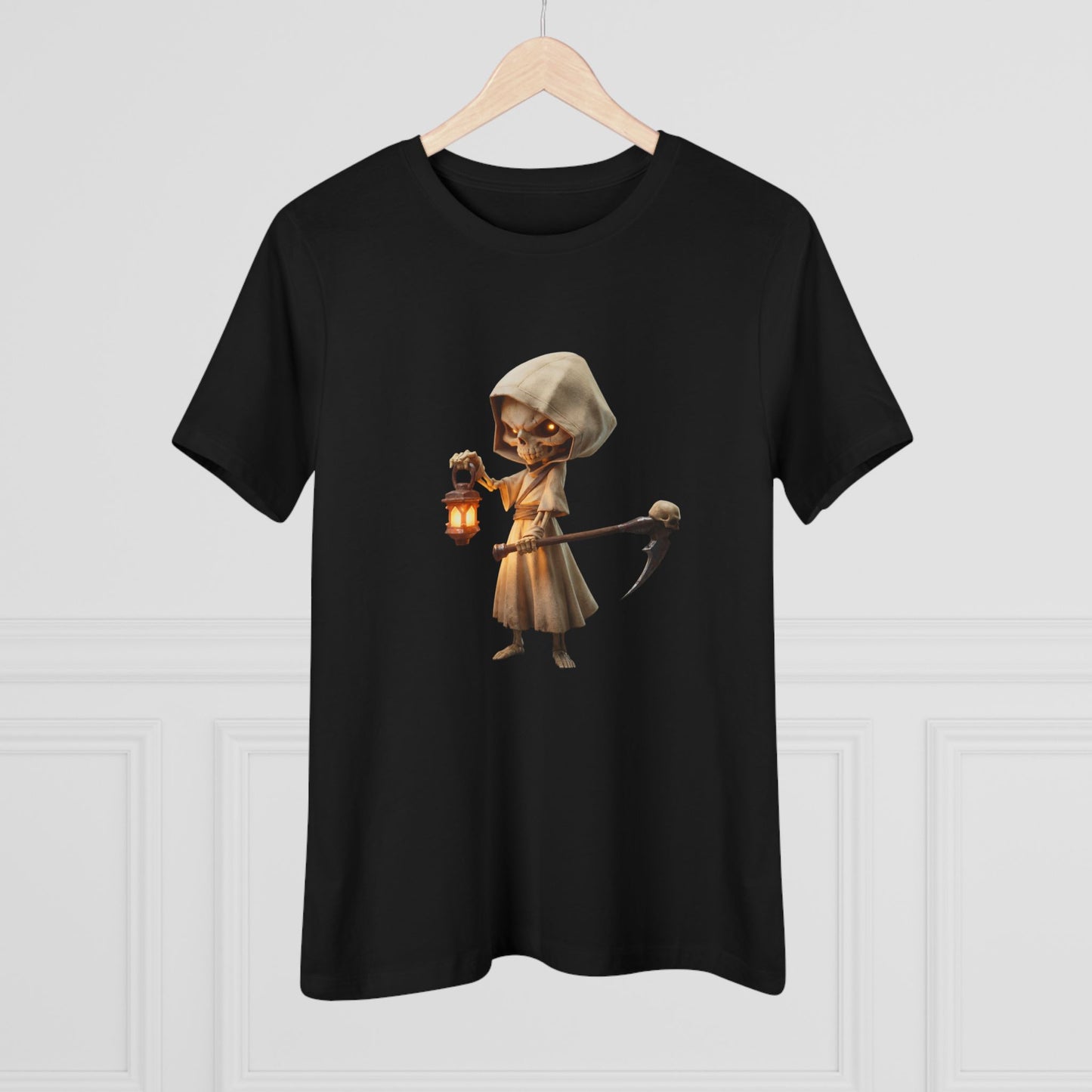 Lantern-Bearing Sentinel Women's Cotton Tee – Hooded Guardian with Scythe