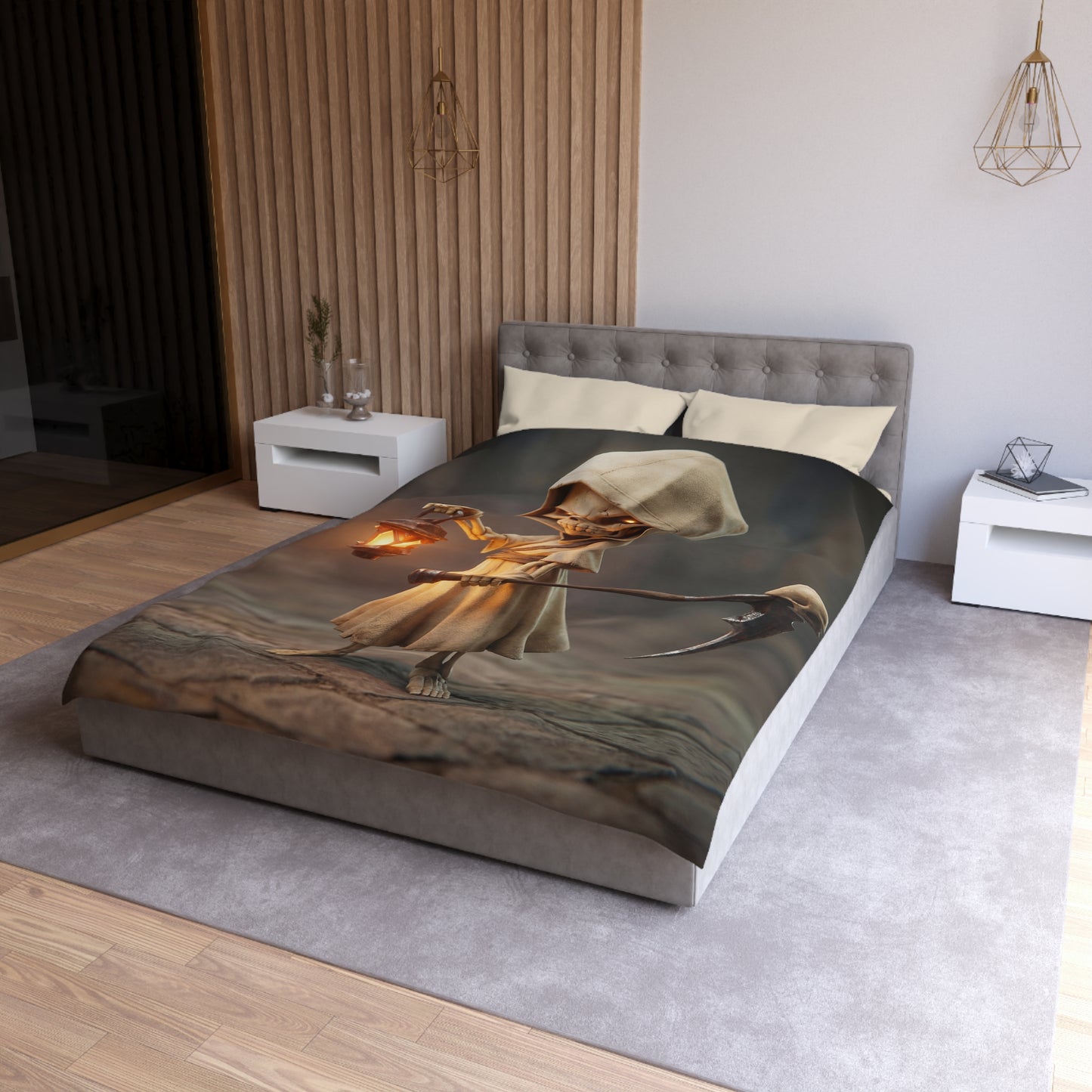Lantern-Bearing Reaper Microfiber Duvet Cover – Warm Light Through the Veil