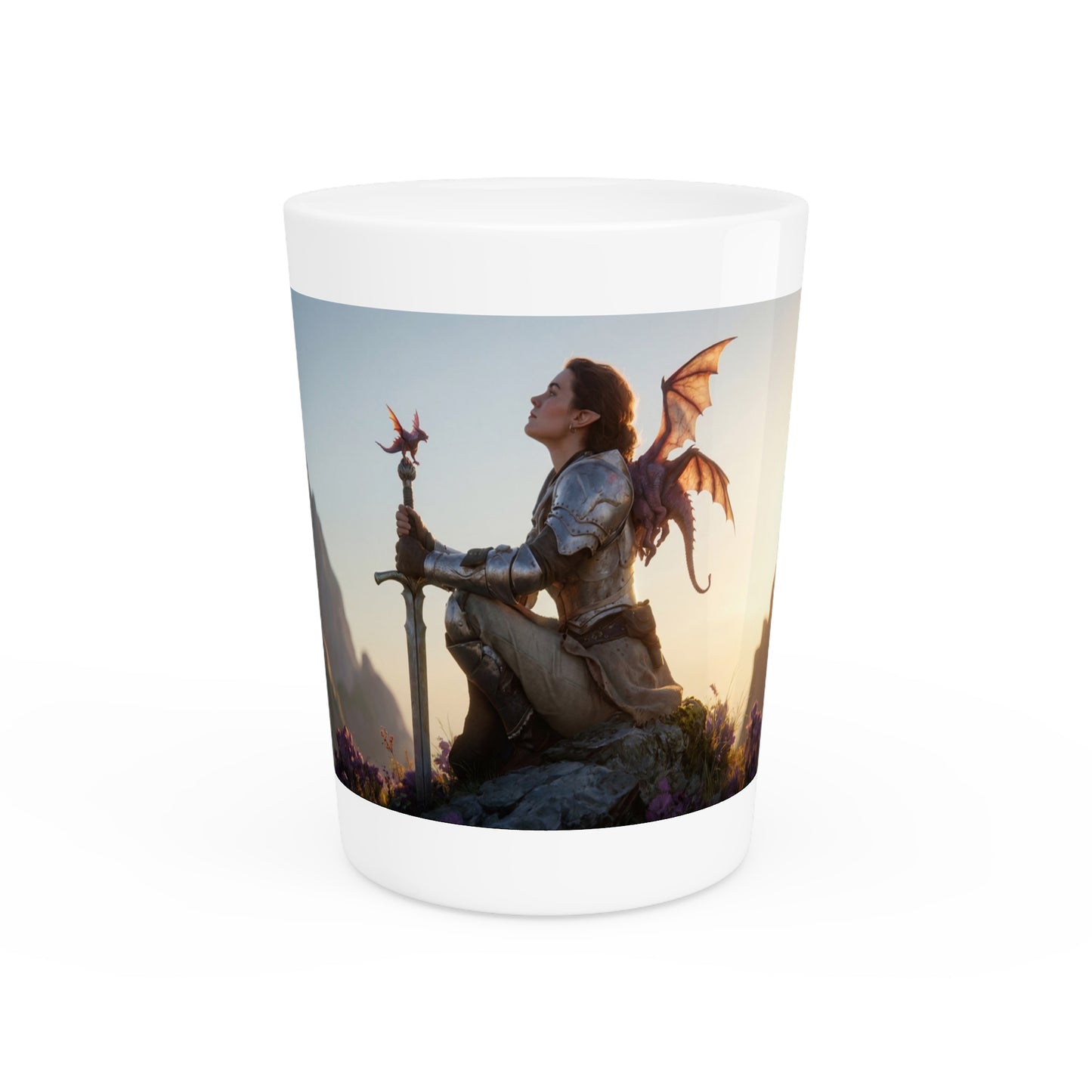 Dragon-Scaled Sentinel Shot Glass – Sunset Pact with a Winged Ally