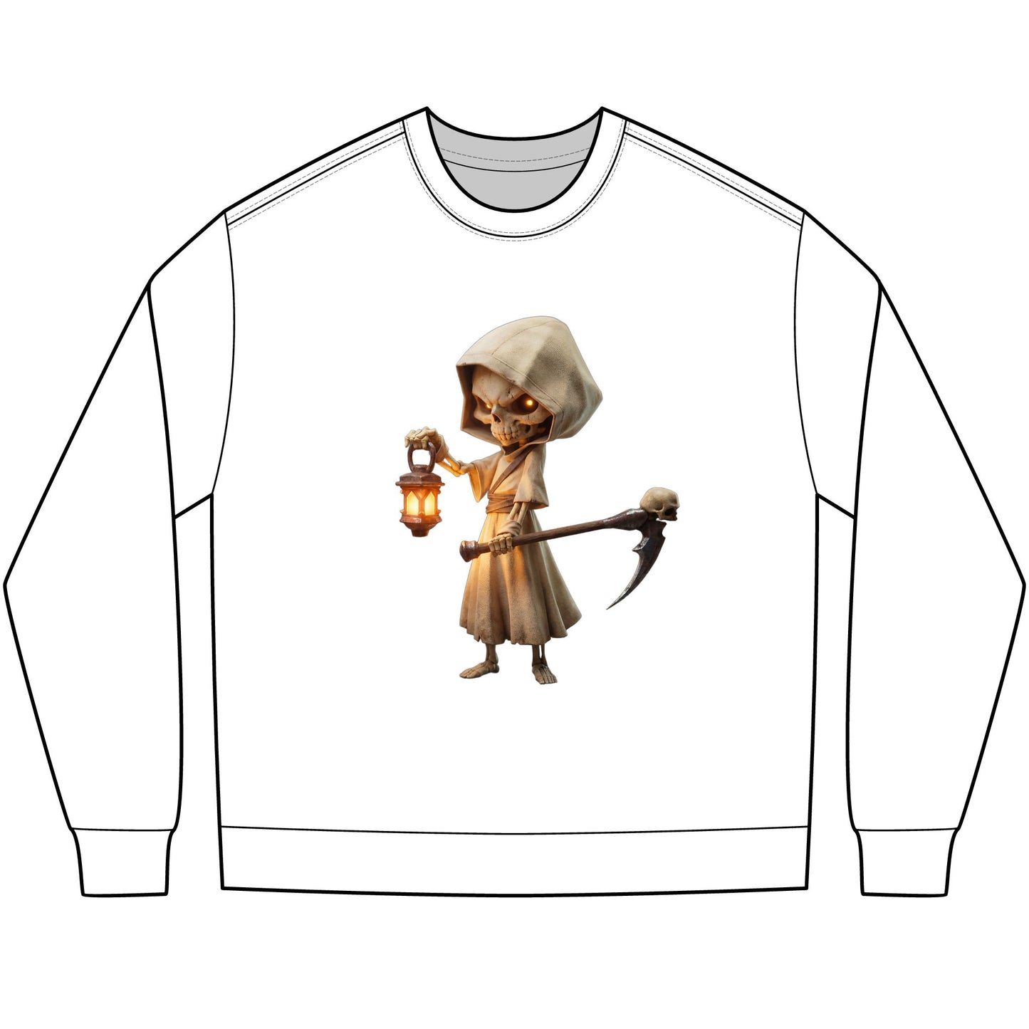 Lantern-Bearing Sentinel Unisex Heavyweight Long Sleeve Tee – Hooded Skeletal Guardian with Glowing Eyes and Scythe