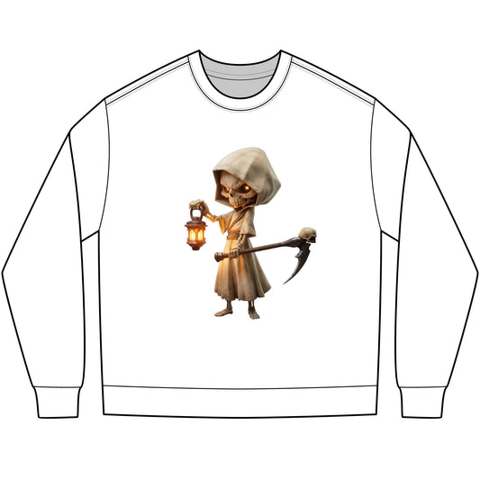 Lantern-Bearing Sentinel Unisex Heavyweight Long Sleeve Tee – Hooded Skeletal Guardian with Glowing Eyes and Scythe