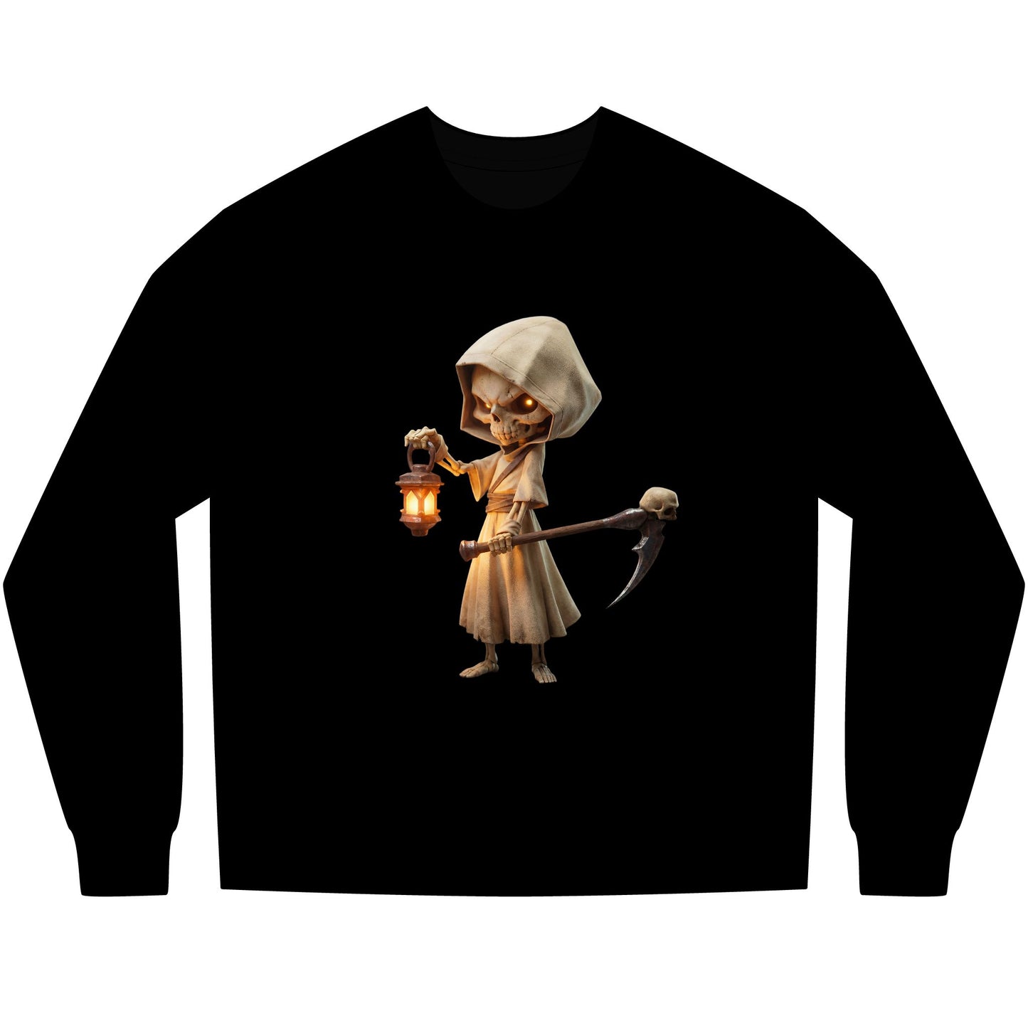 Lantern-Bearing Sentinel Unisex Heavyweight Long Sleeve Tee – Hooded Skeletal Guardian with Glowing Eyes and Scythe