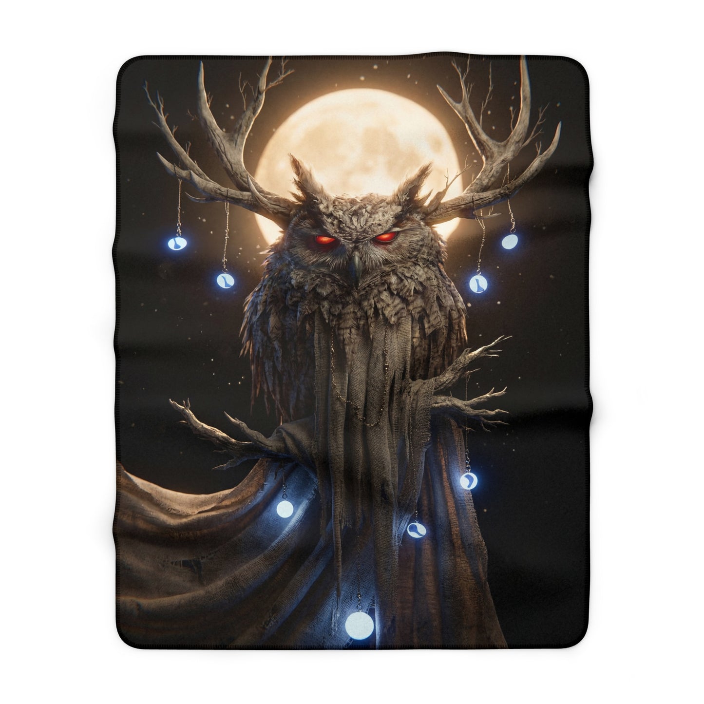 Moonlit Stag-Owl Sentinel Sherpa Fleece Blanket – Whispers of the Watchful Woods