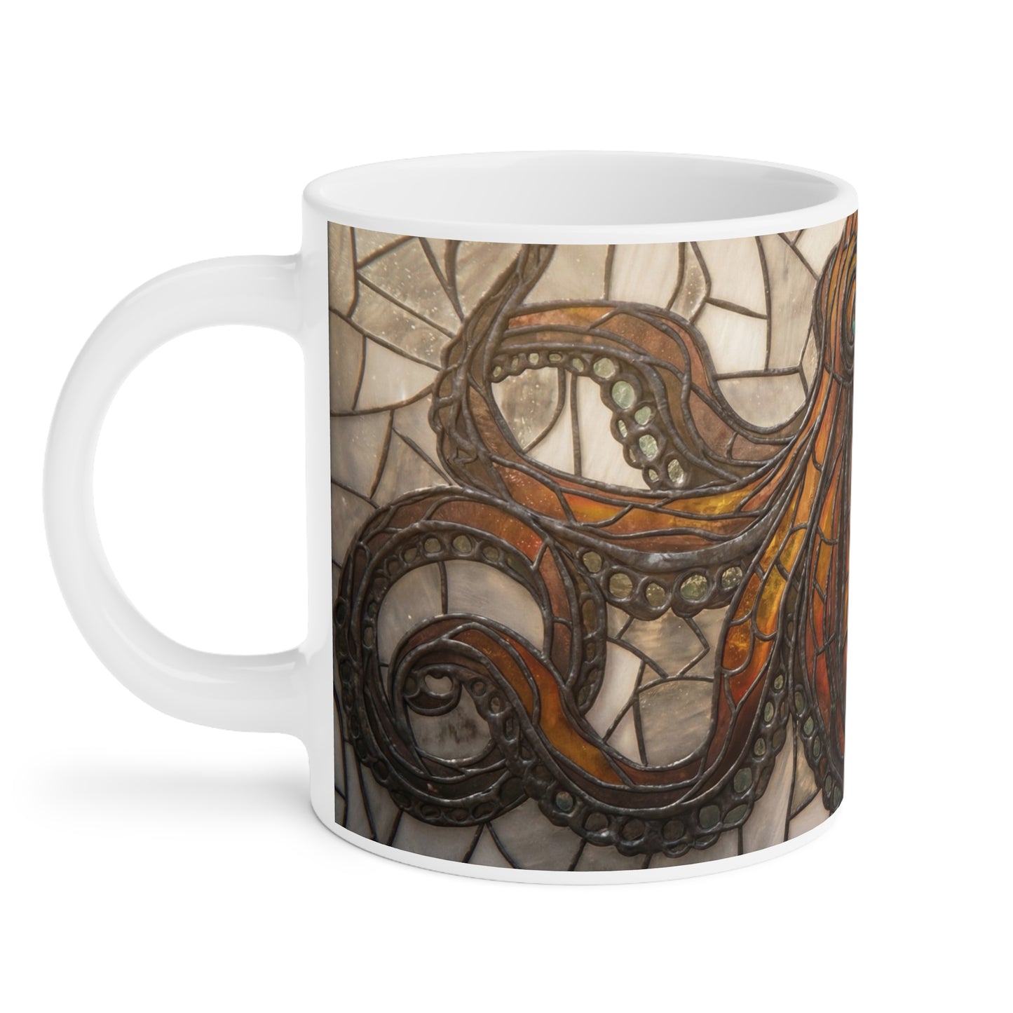 Art Nouveau Octopus Stained Glass Mug – Warm Amber Whirls on Deep Frame