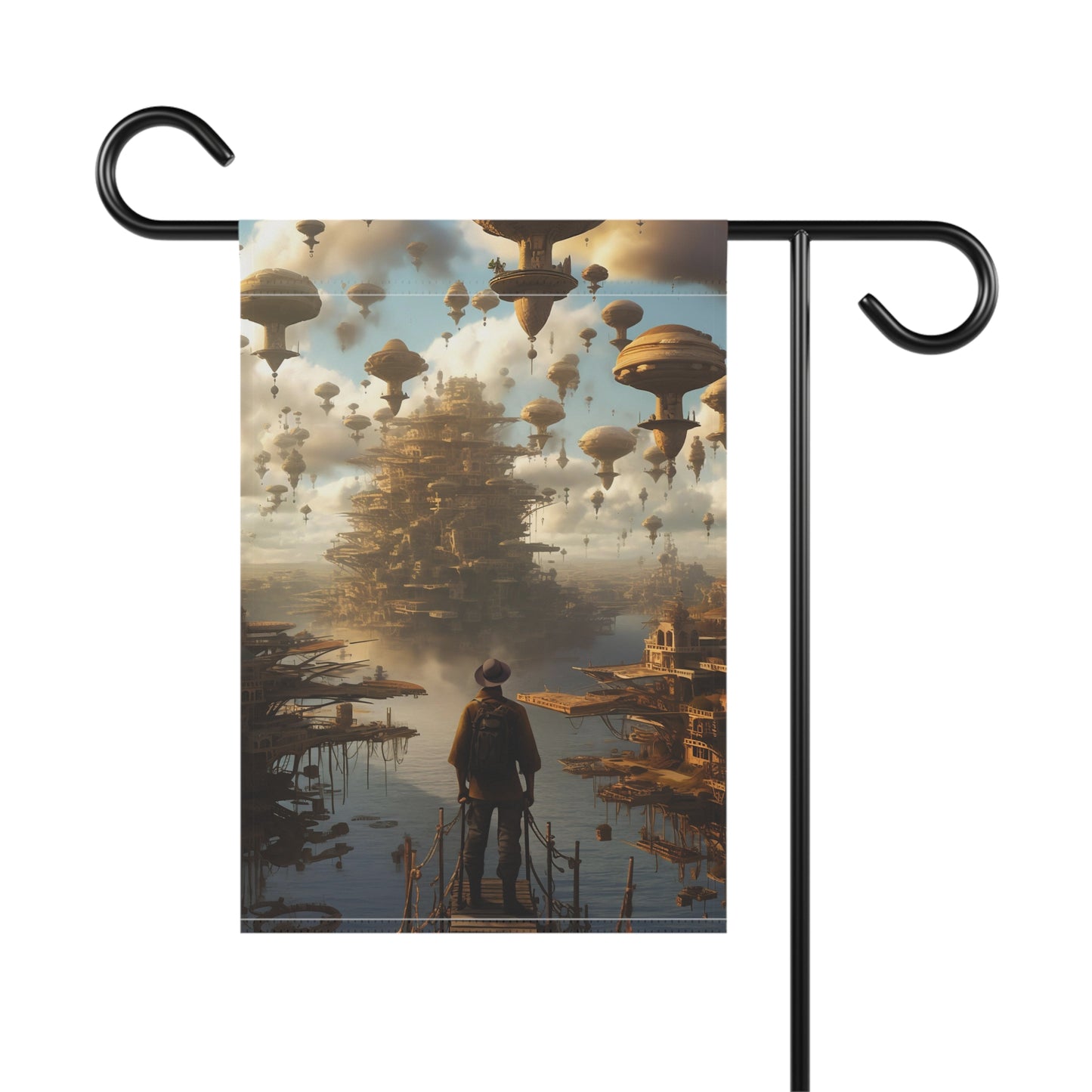 A fantasy-inspired scene featuring floating cities integrated into the Man at Burning Man - Garden & House Banner