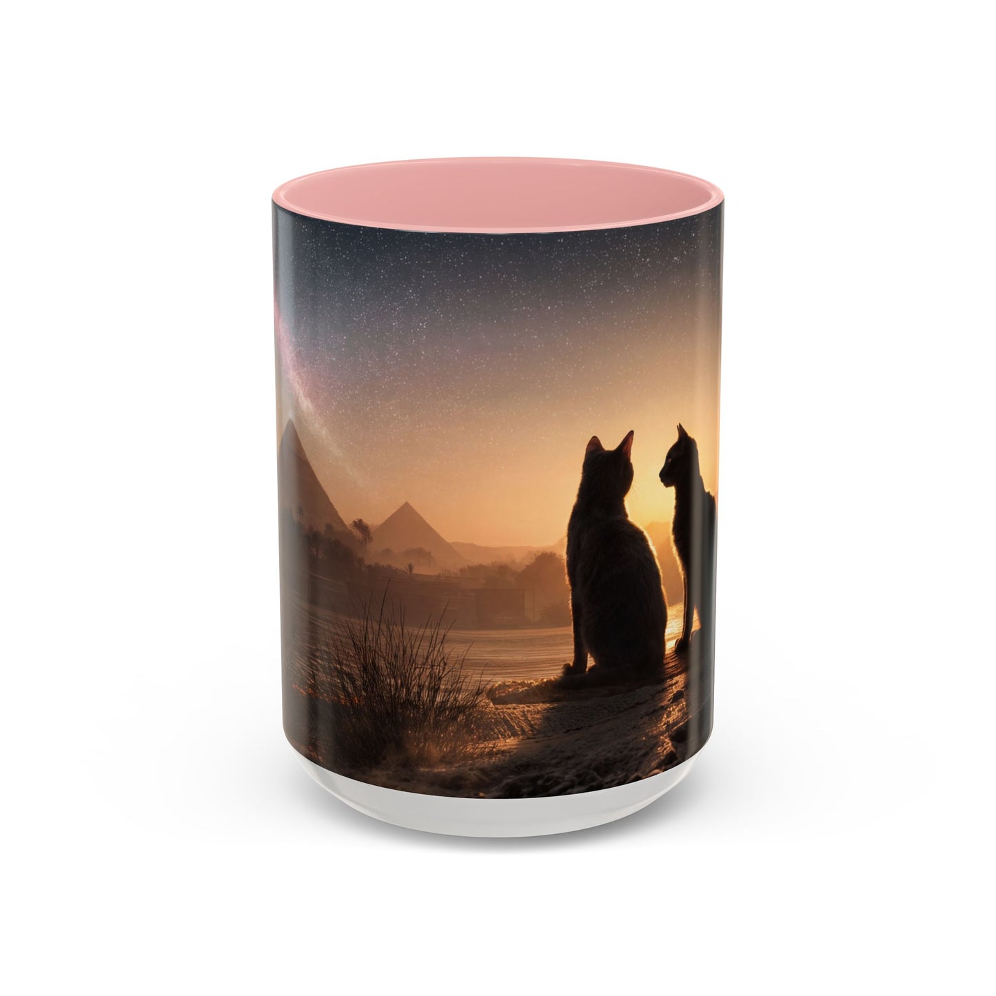 Starry Nile Guardian Cats Accent Coffee Mug (11, 15oz) – Ancient Pyramids Milky Way