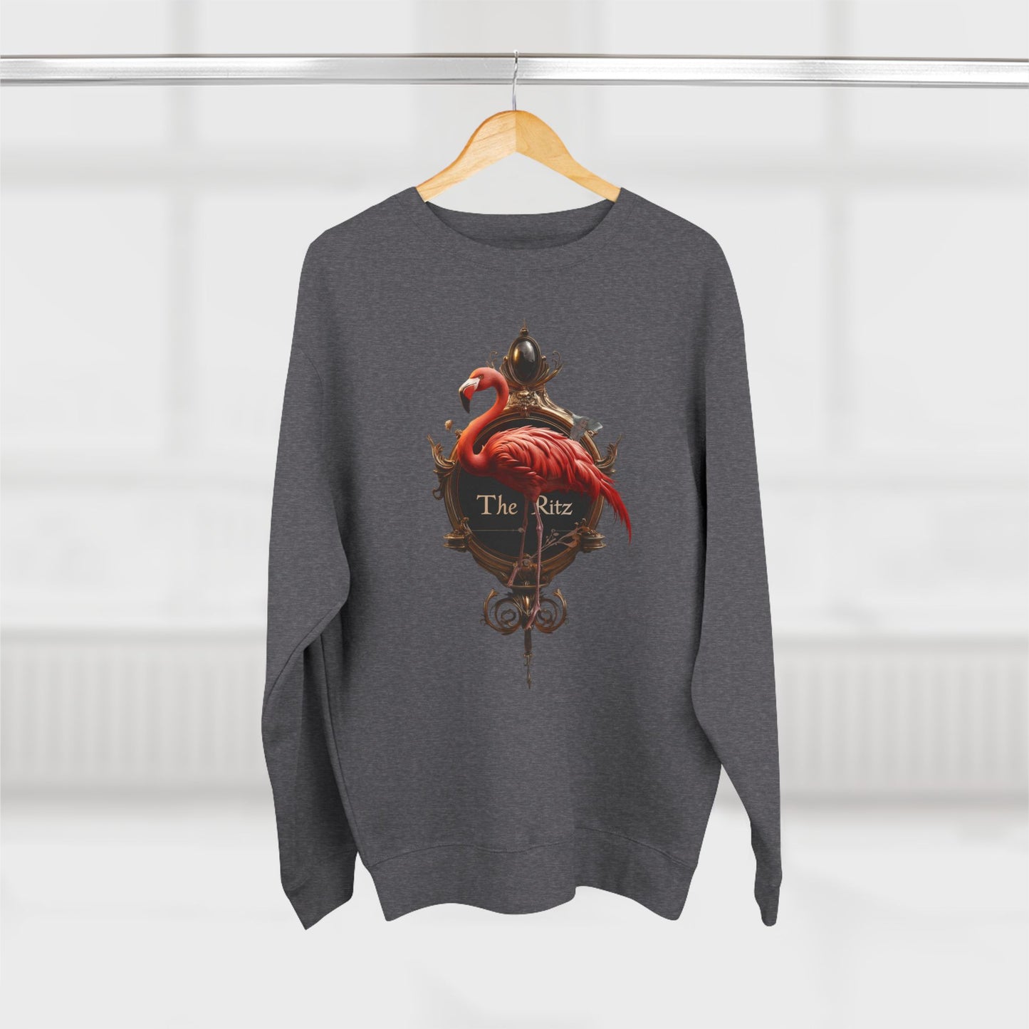 The Ritz Flamingo Unisex Crewneck Sweatshirt – Regal Pink Crest and Ornate Frame