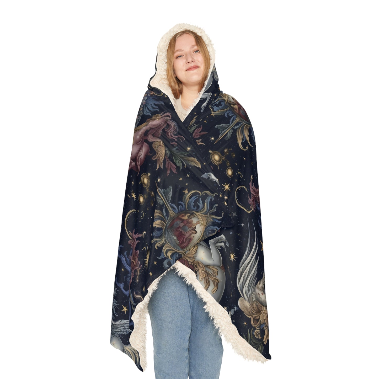 "A detailed pattern of mythical celestial creatures and constellations, such as Pegasus, Orion, and Cassiopeia, depicted in a tapestry of deep cobalt, rich burgundy, and luminous silver." -  Snuggle Blanket