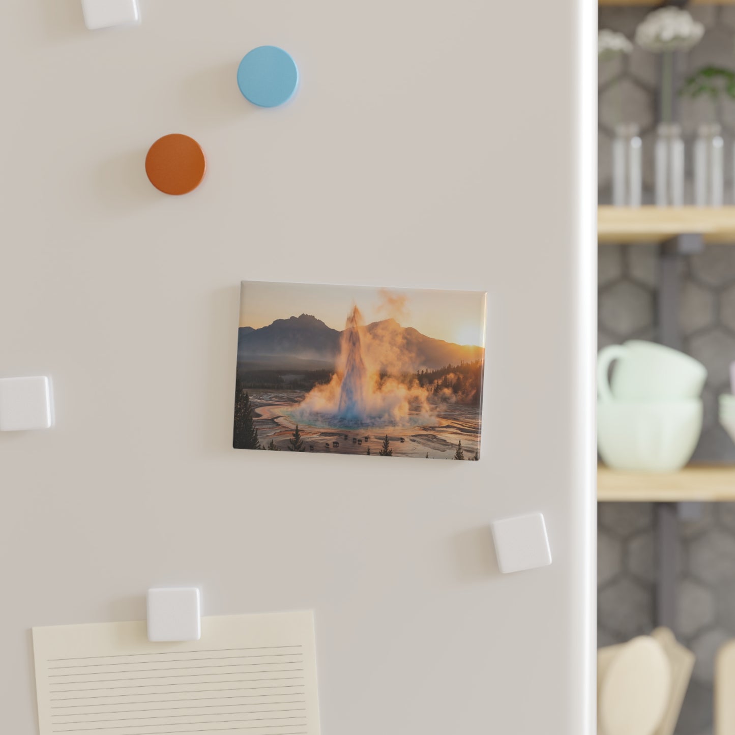 Geyser Dawn Button Magnet, Rectangle (1 & 10 pcs) – Steam & Bison at Sunset