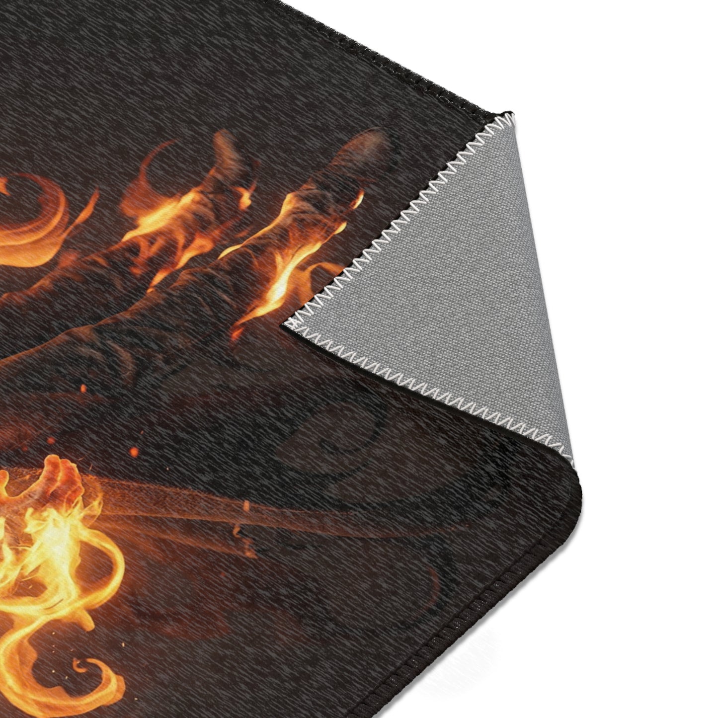 Flamebound Sentinel Area Rug – Ember-Wreathed Warrior Dreamscape