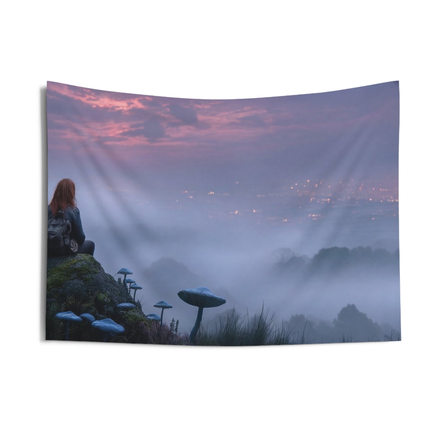 Moonlit Wanderer Wall Tapestry – Twilight Meadow with Bioluminescent Fungi