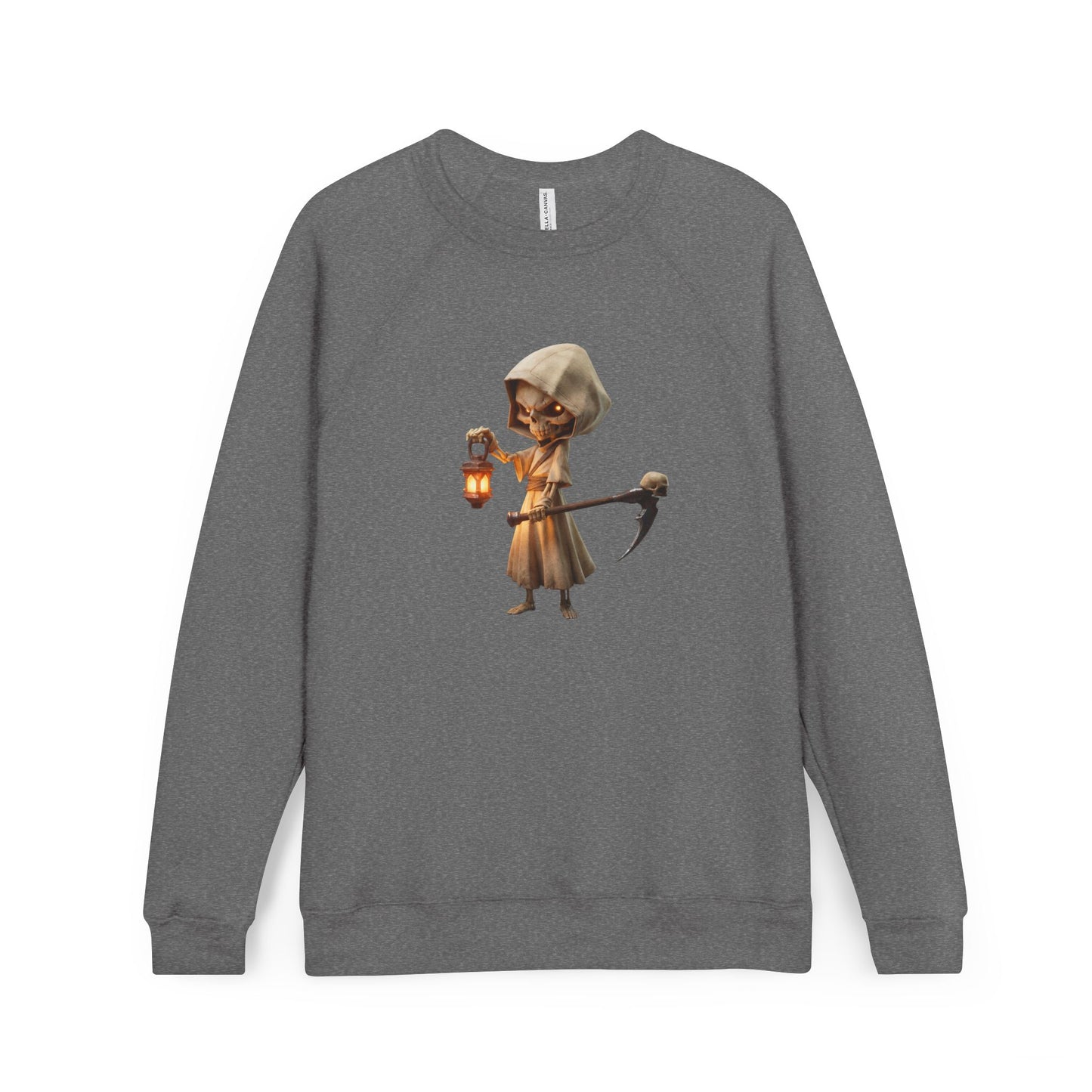 Lantern-Bearing Skeleton Sentinel Sweatshirt – Hooded Reaper with Scythe and Warm Glow
